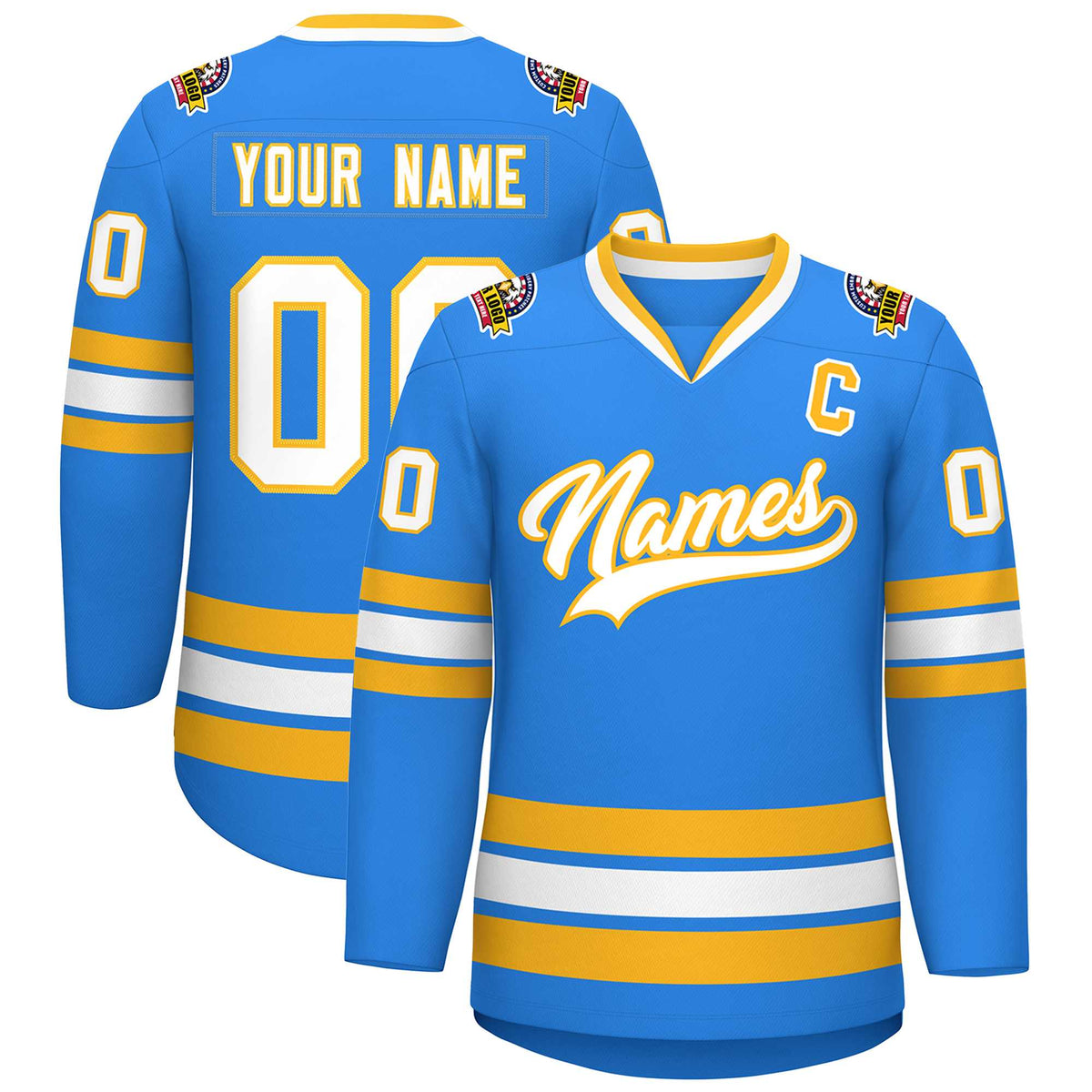 Custom Powder Blue White-Gold Classic Style Hockey Jersey