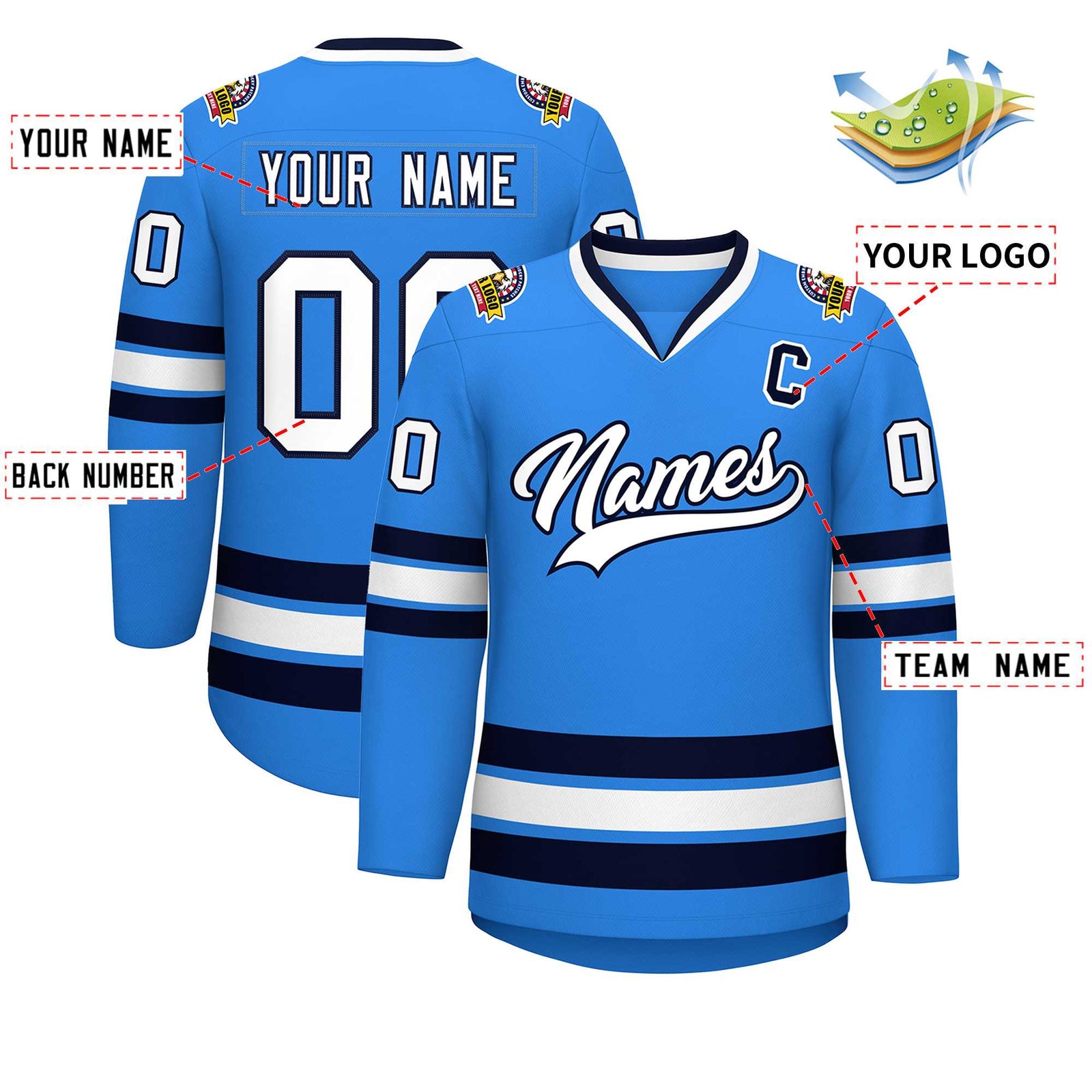 Custom Powder Blue White-Navy Classic Style Hockey Jersey