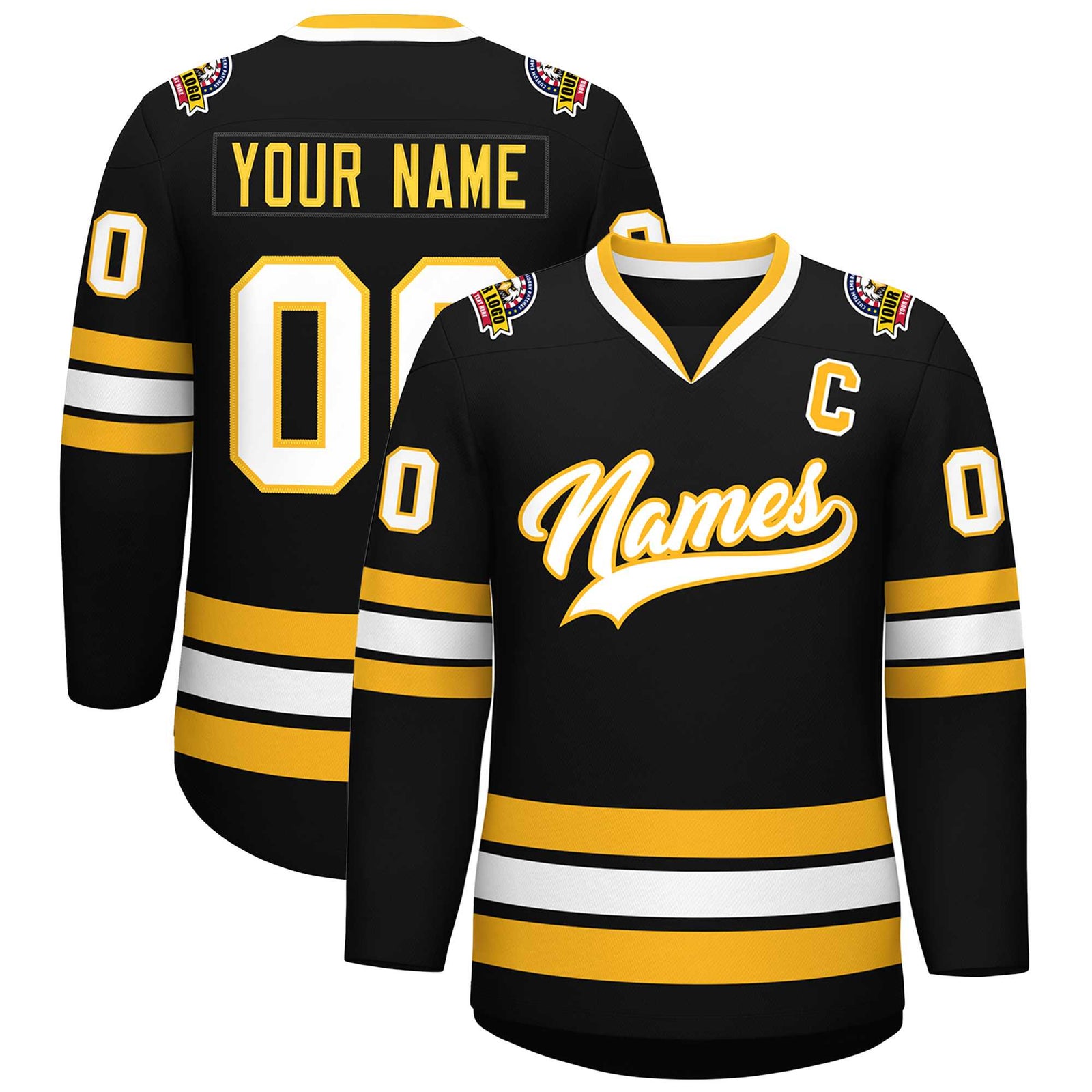 Custom Black White-Gold Classic Style Hockey Jersey