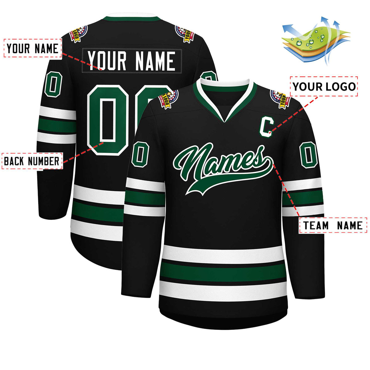 Custom Black Green-White Classic Style Hockey Jersey