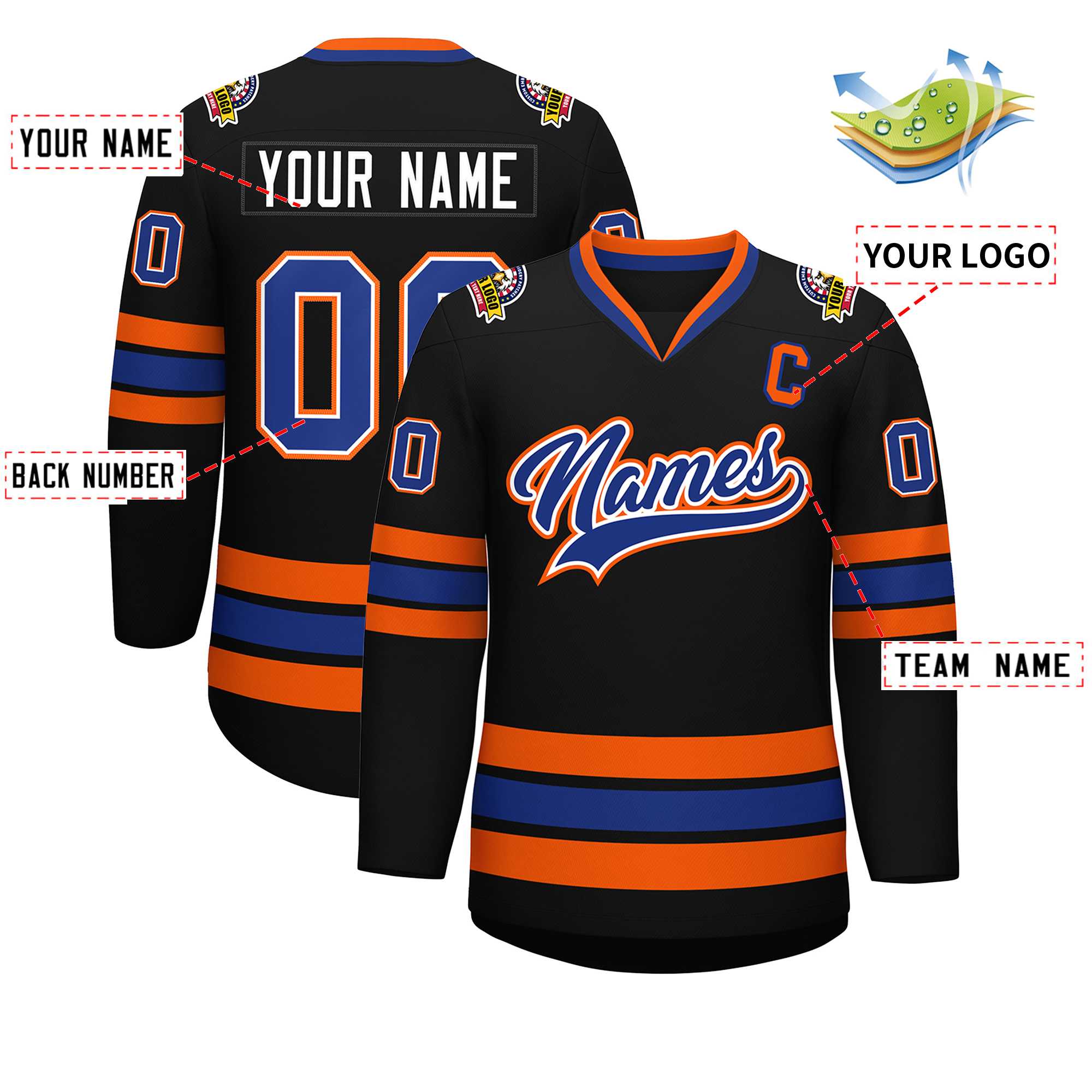 Custom Black Royal White-Orange Classic Style Hockey Jersey