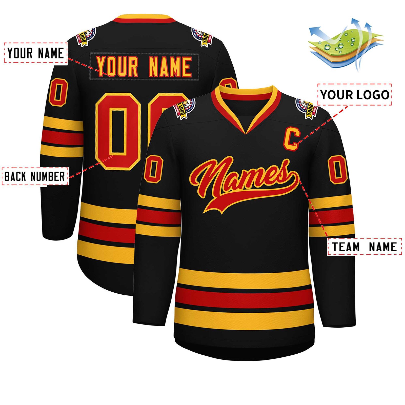 Custom Black Red-Gold Classic Style Hockey Jersey