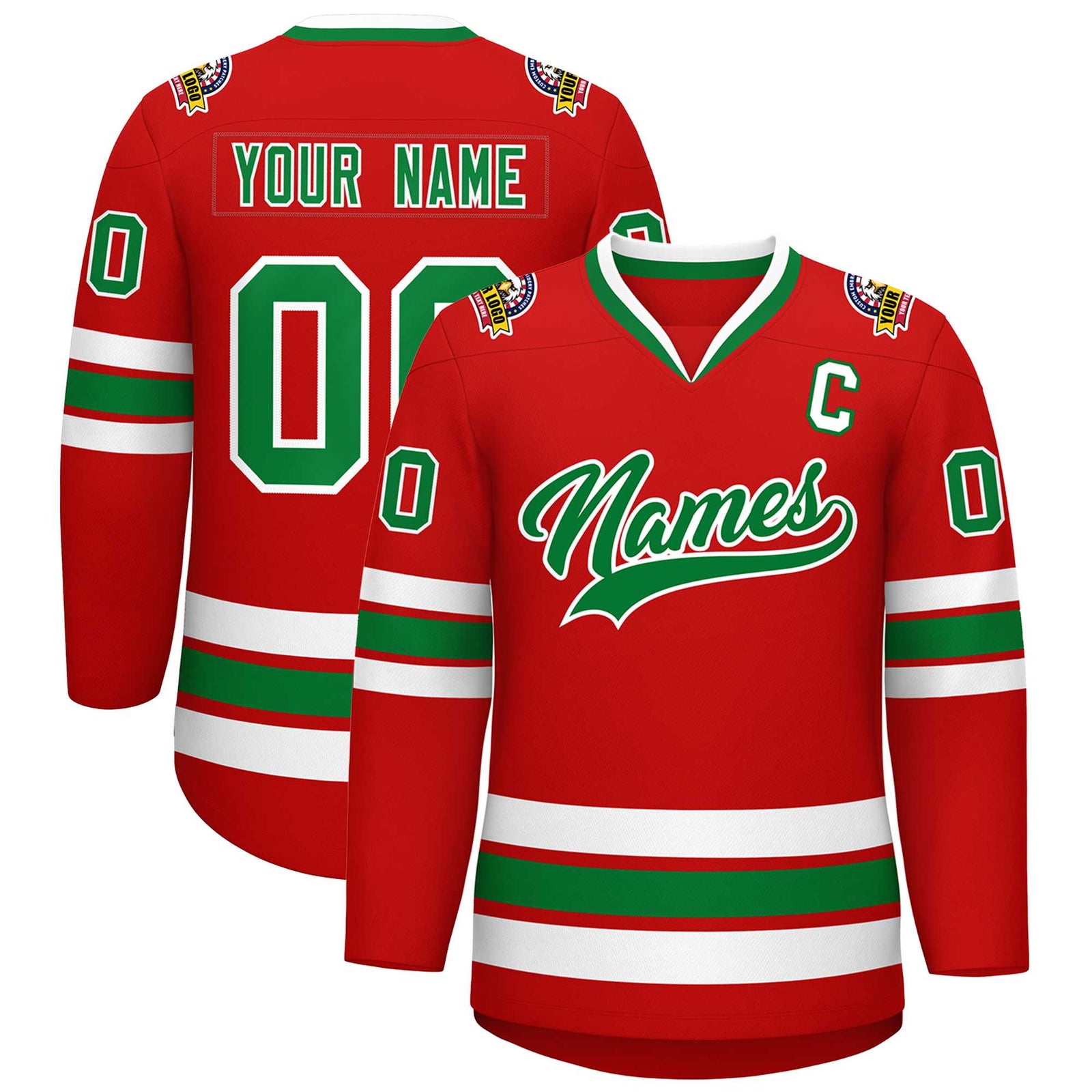 Custom Red Kelly Green-White Classic Style Hockey Jersey