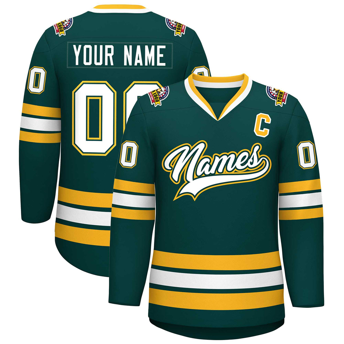 Custom Midnight Green White Olive-Gold Classic Style Hockey Jersey