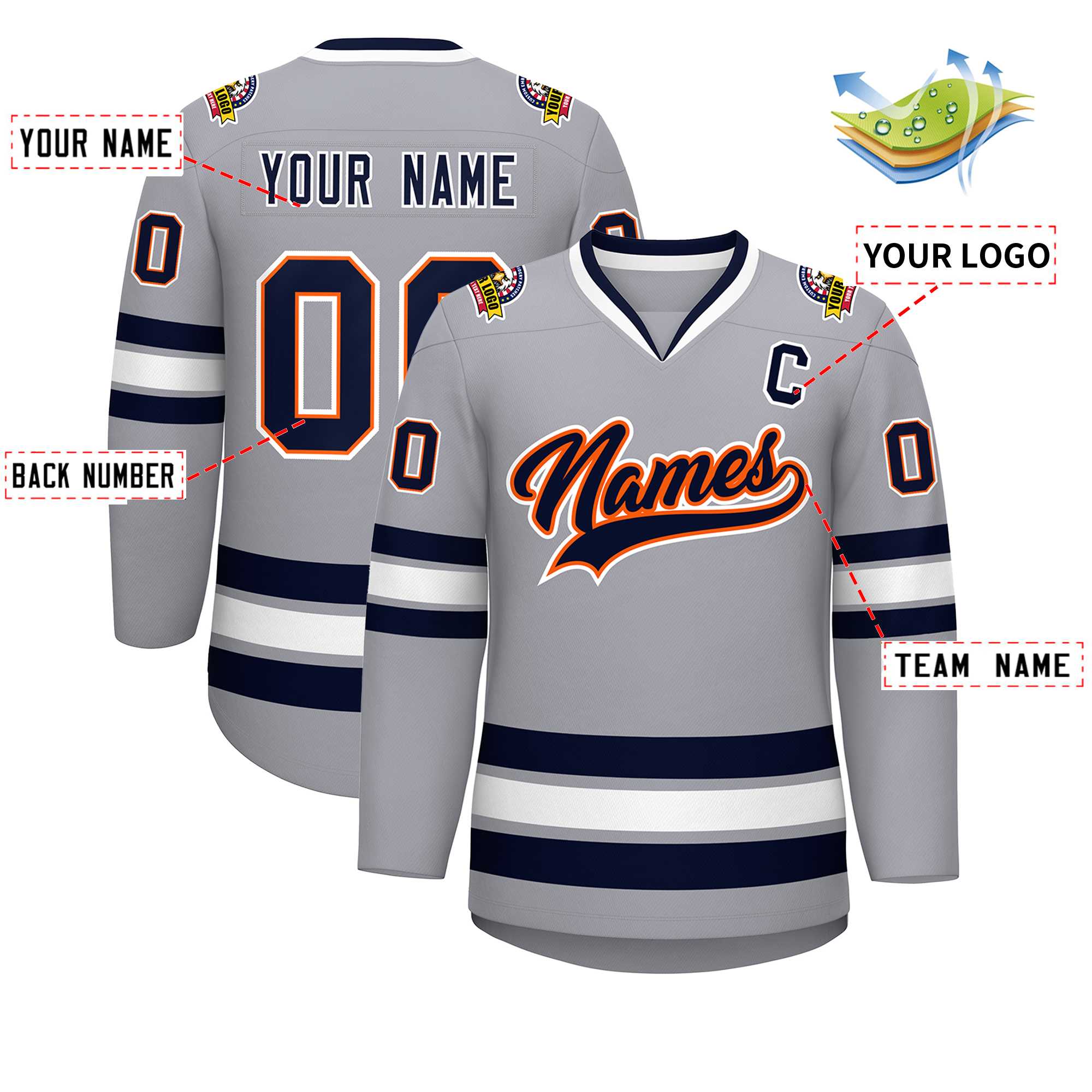 Custom Gray Navy Orange-White Classic Style Hockey Jersey