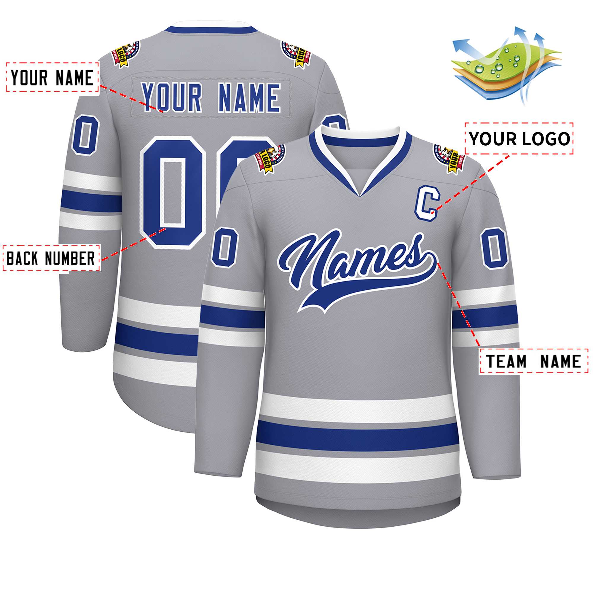 Custom Gray Royal-White Classic Style Hockey Jersey