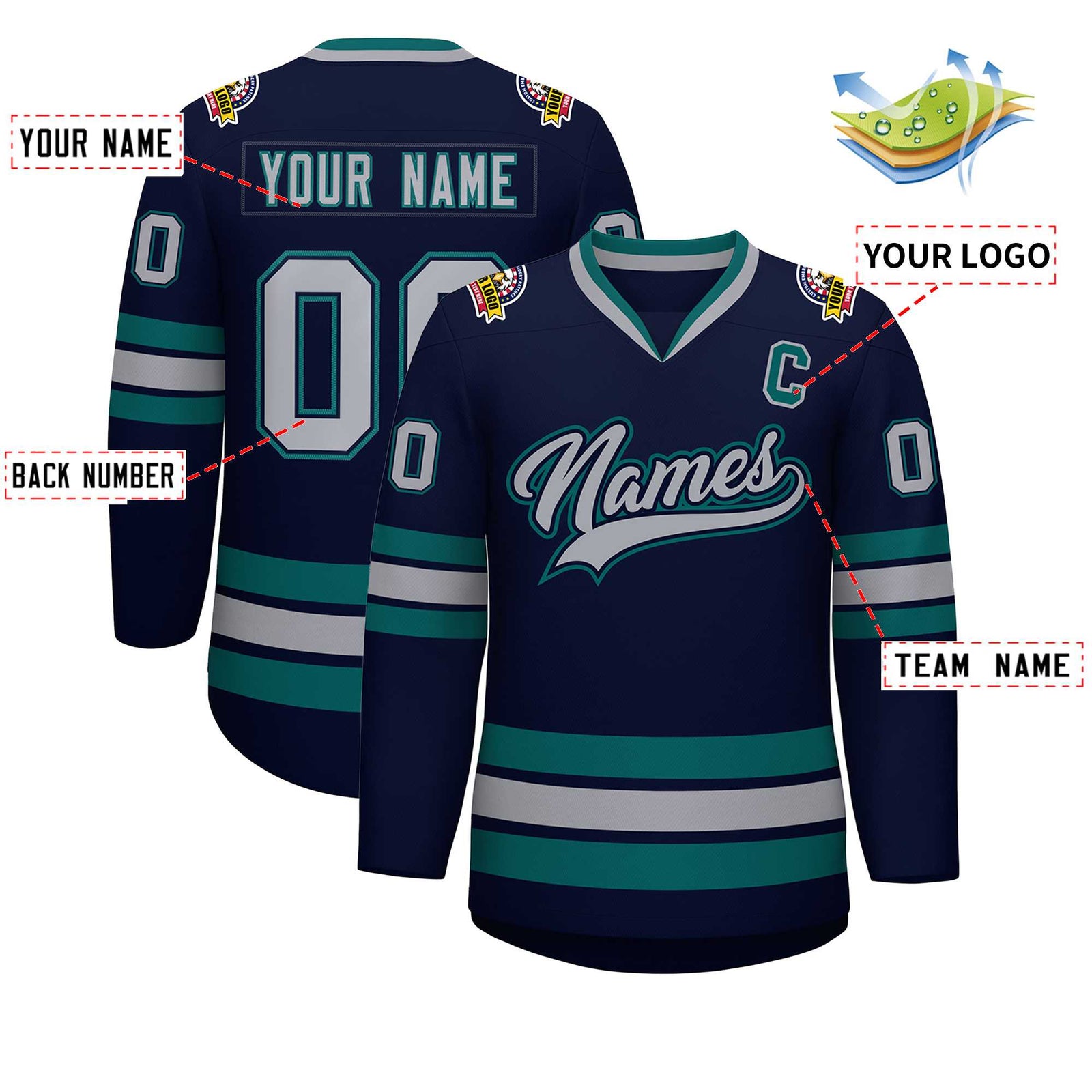 Custom Navy Gray Navy-Aqua Classic Style Hockey Jersey