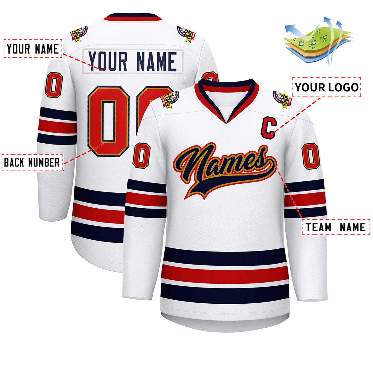 Custom White Navy Old Gold-Red Classic Style Hockey Jersey