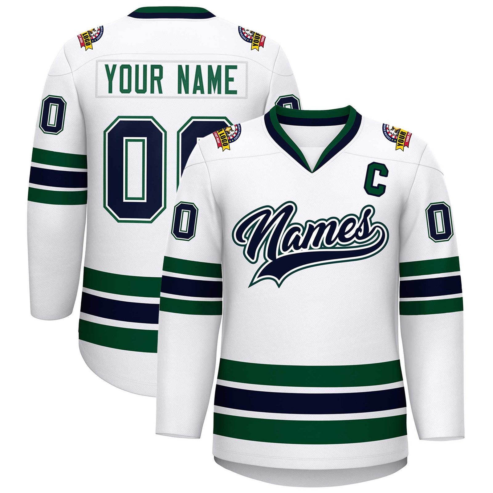 Custom White Navy White-Green Classic Style Hockey Jersey