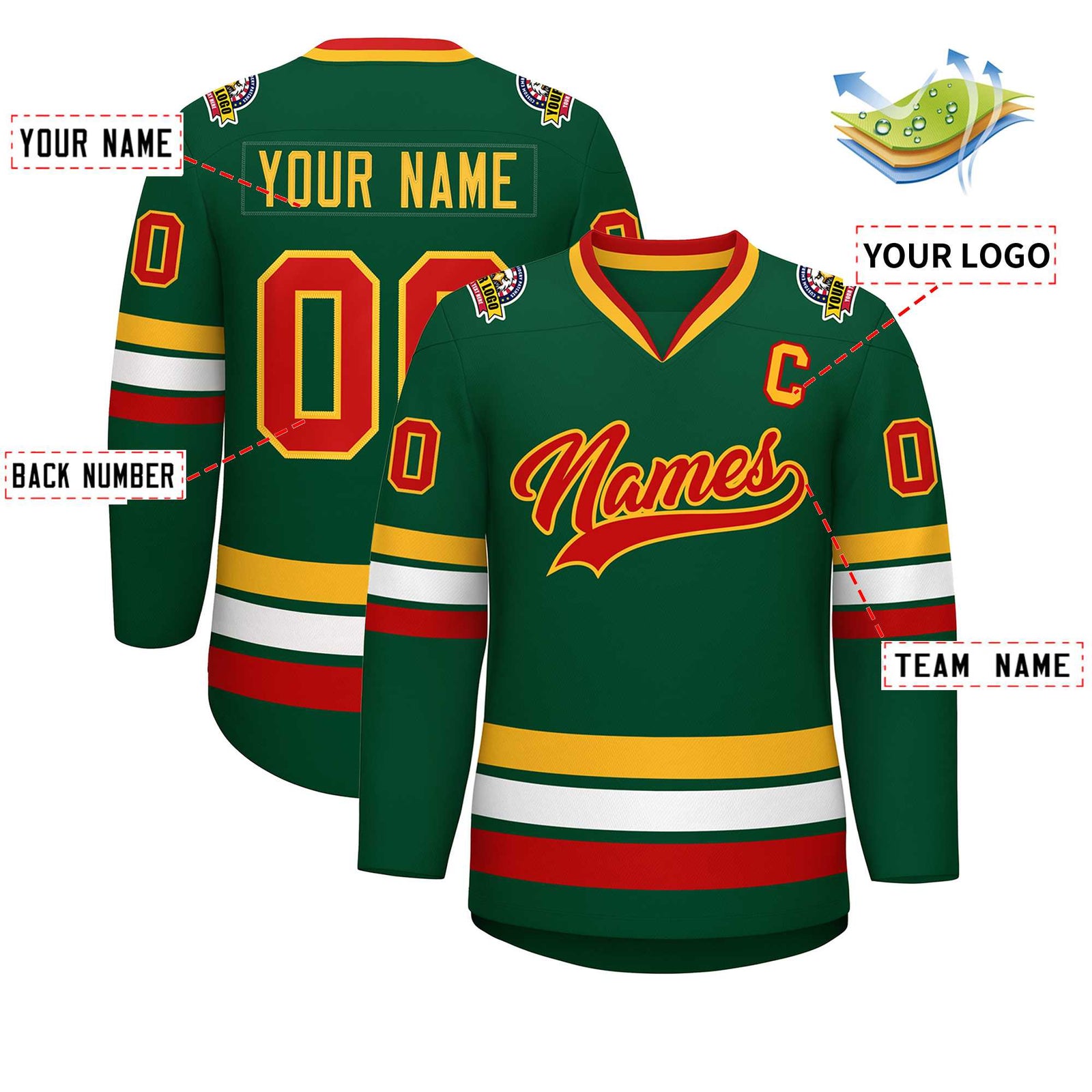 Custom Green Red-Gold Classic Style Hockey Jersey