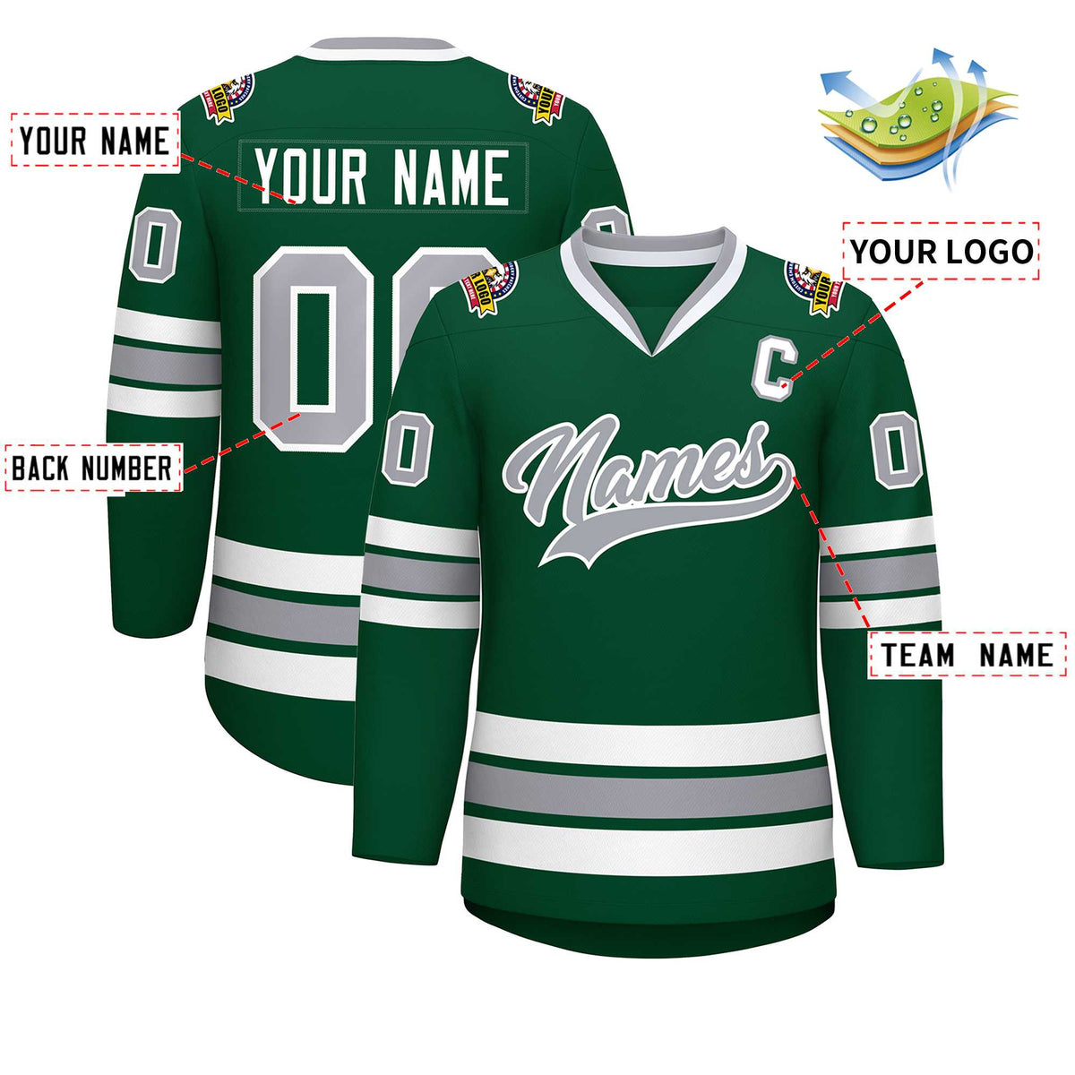 Custom Green Gray-White Classic Style Hockey Jersey