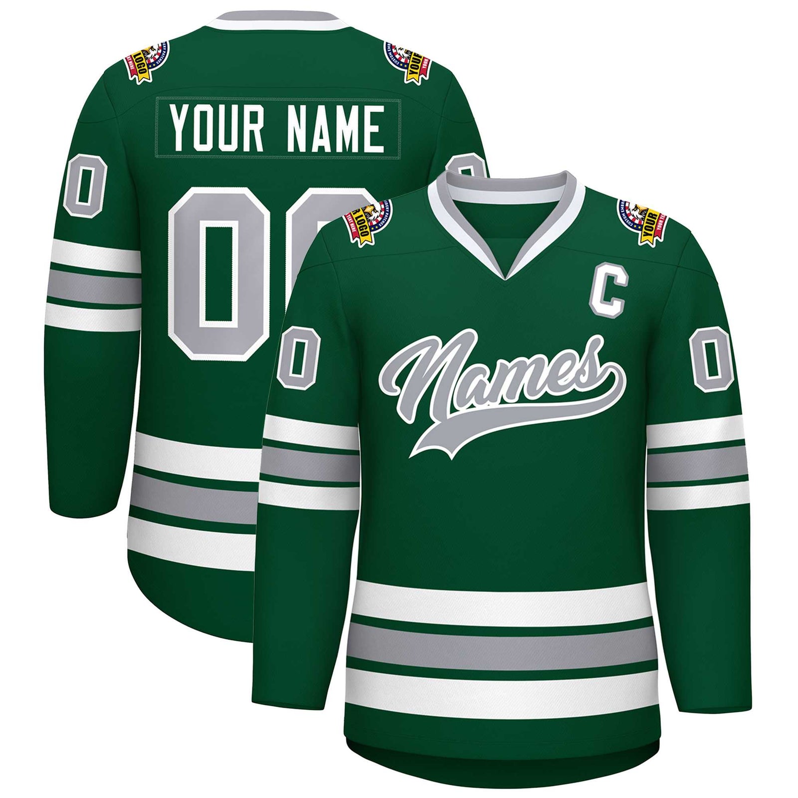 Custom Green Gray-White Classic Style Hockey Jersey