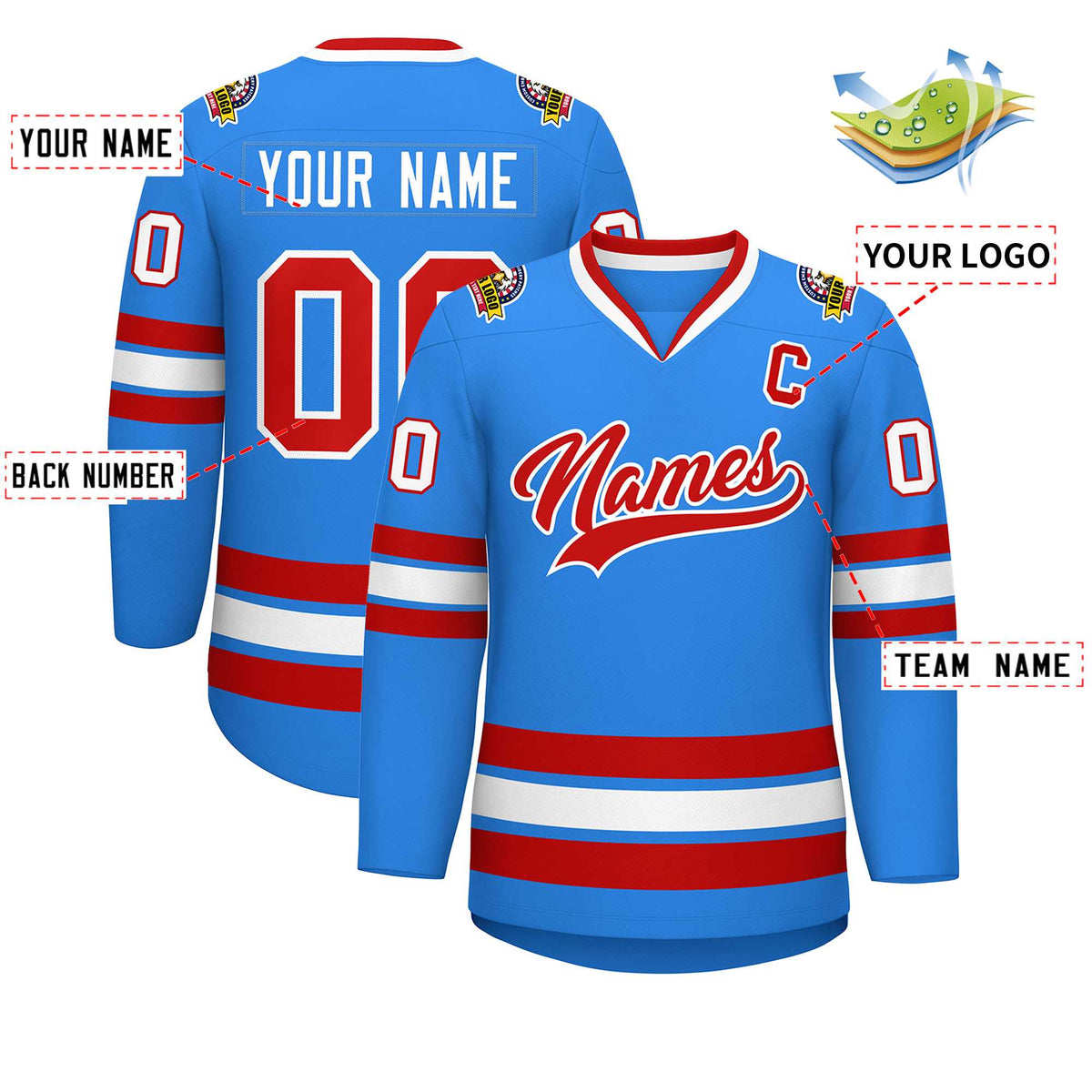 Custom Powder Blue Red-White Classic Style Hockey Jersey