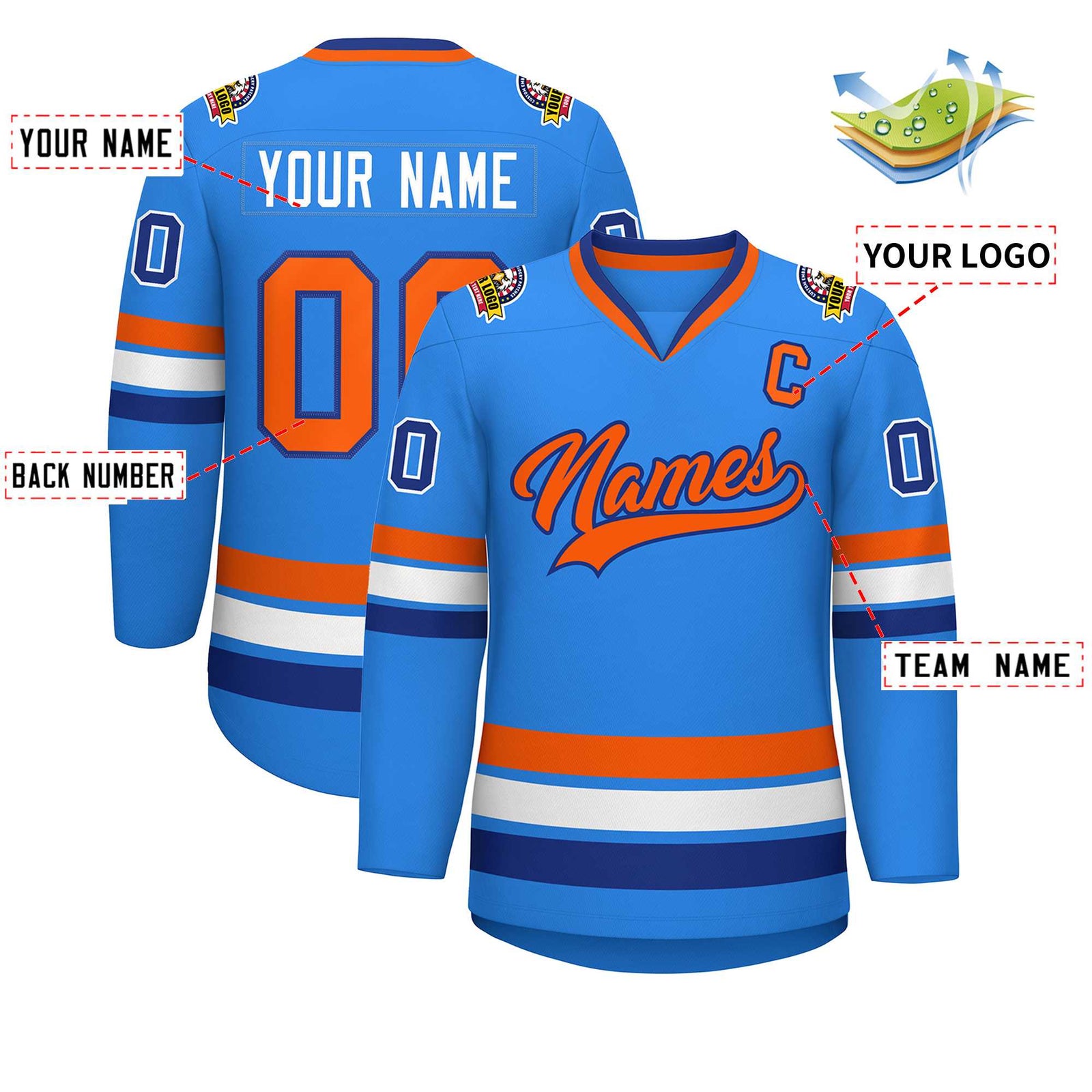 Custom Powder Blue Orange-Royal Classic Style Hockey Jersey