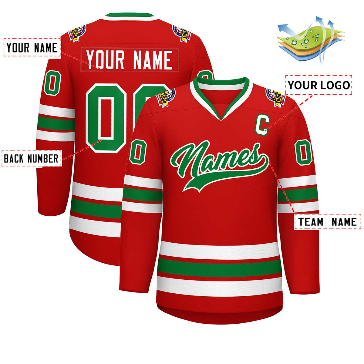 Custom Red Kelly Green-White Classic Style Hockey Jersey