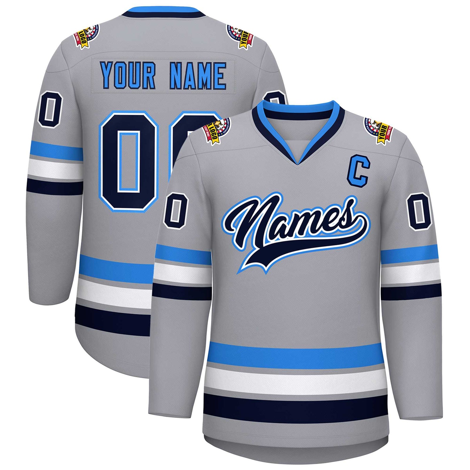 Custom Gray Navy White-Powder Blue Classic Style Hockey Jersey