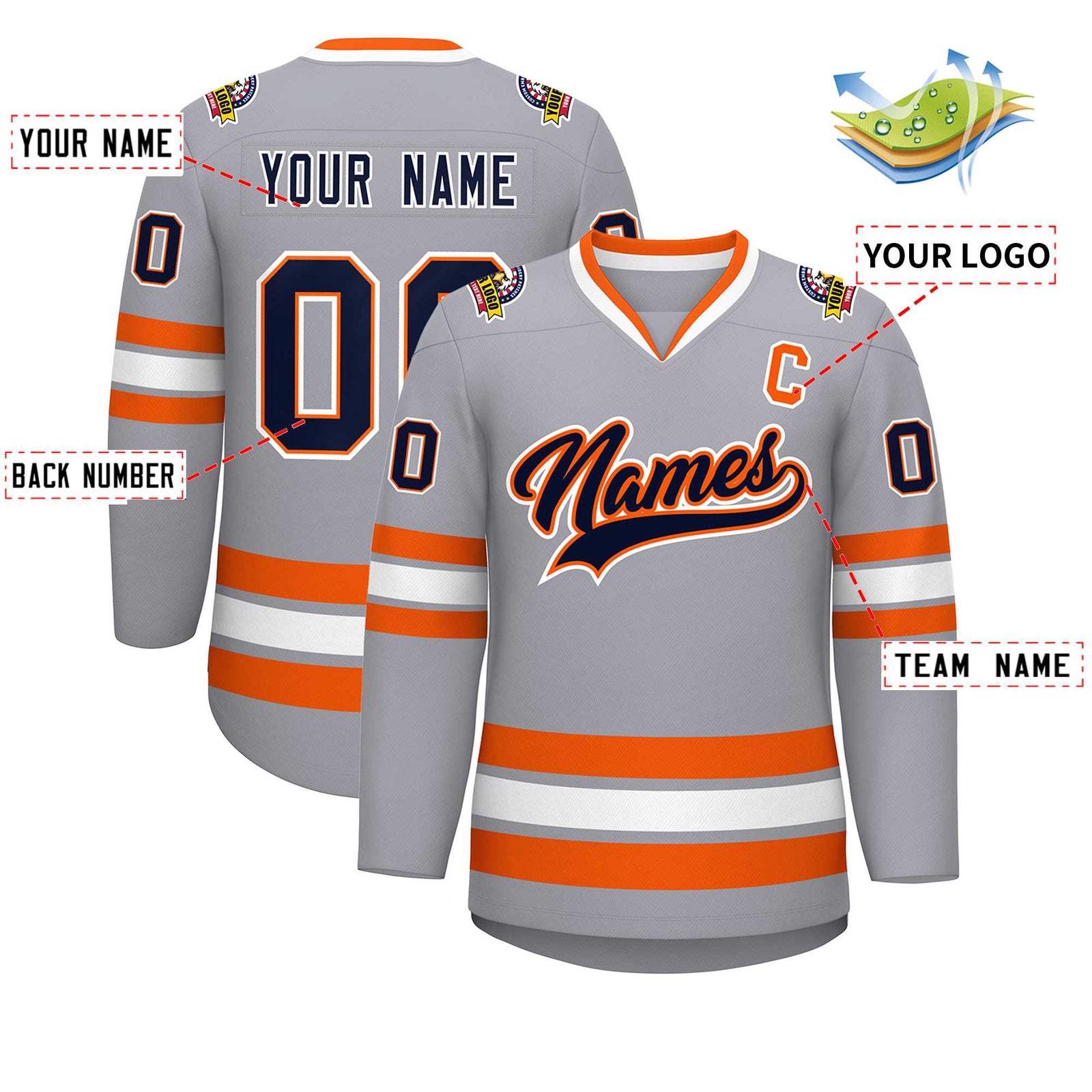 Custom Gray Navy Orange-White Classic Style Hockey Jersey