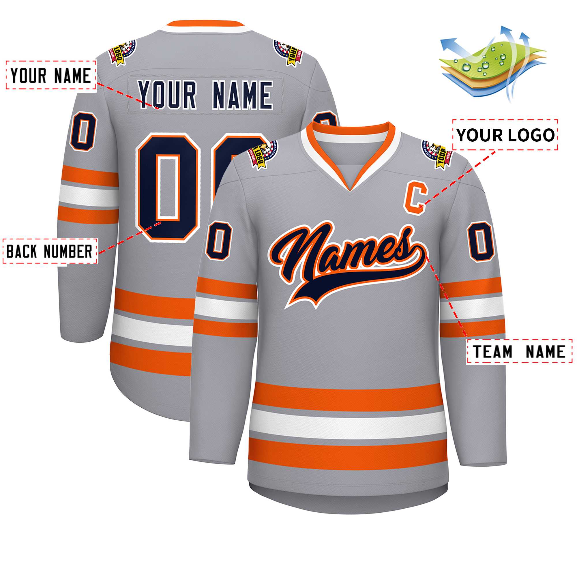 Custom Gray Navy Orange-White Classic Style Hockey Jersey
