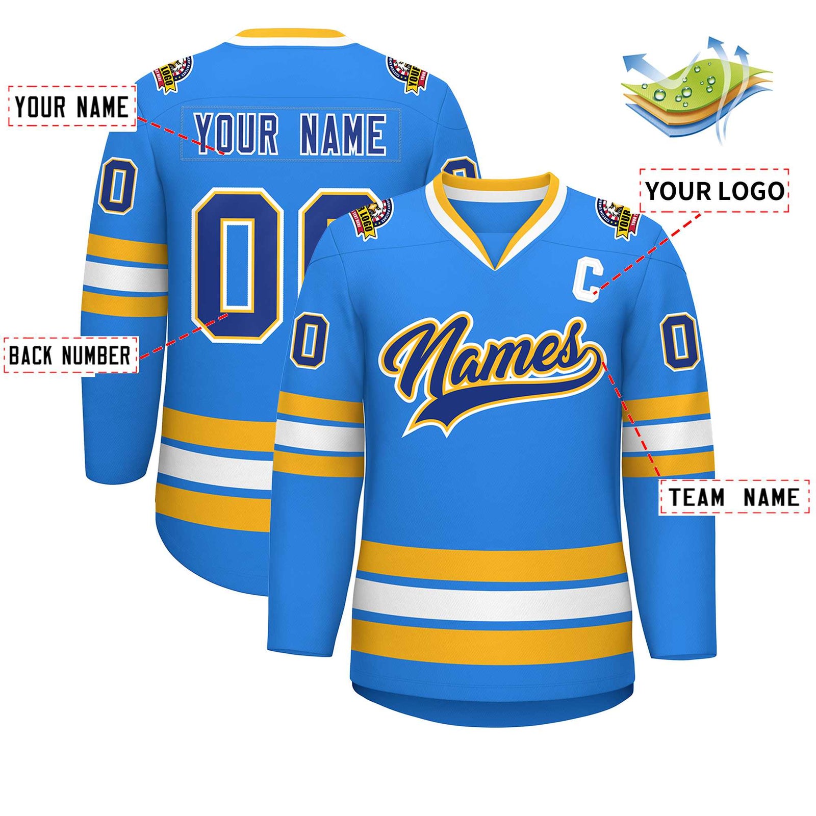 Custom Powder Blue Royal Gold-White Classic Style Hockey Jersey