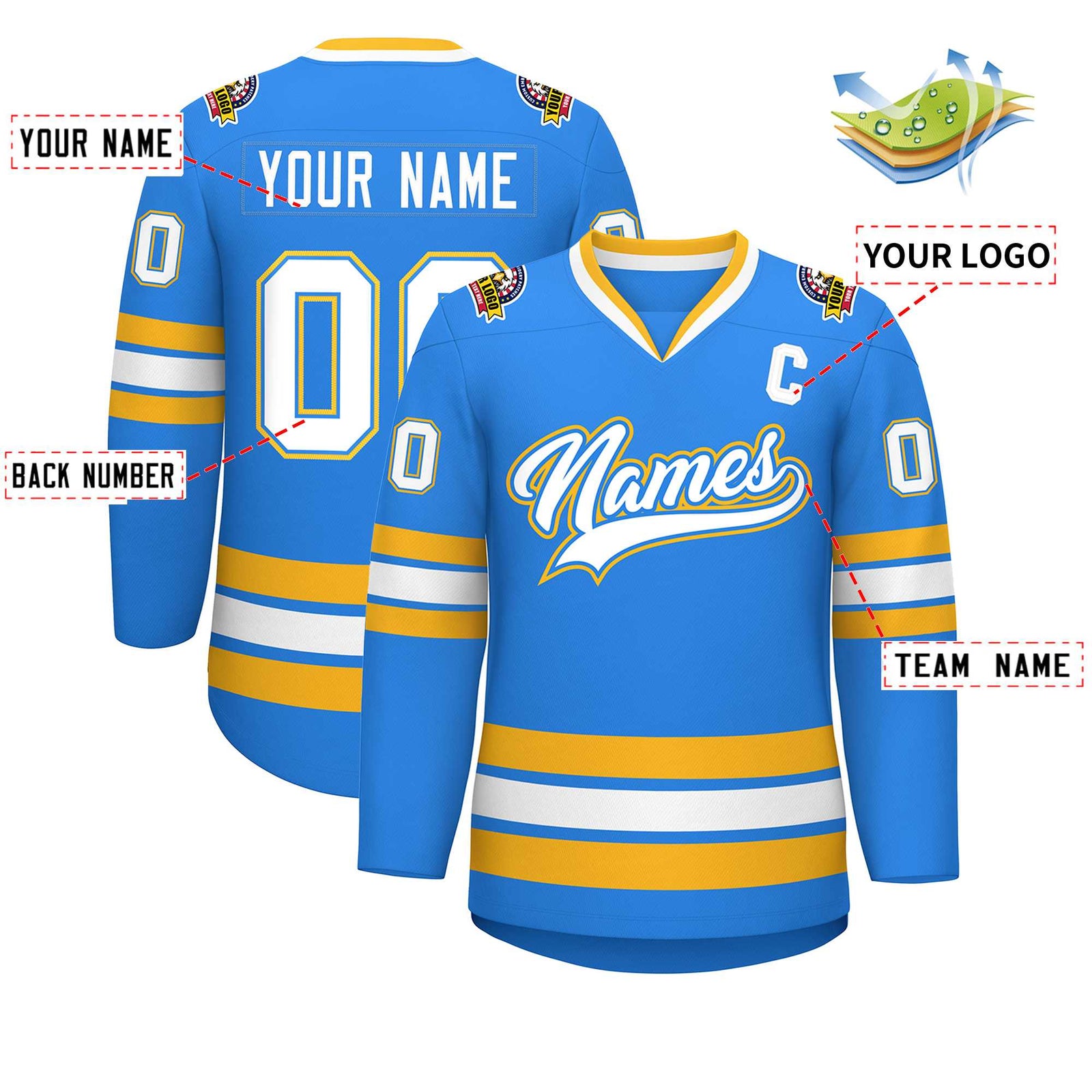 Custom Powder Blue White Powder Blue-Gold Classic Style Hockey Jersey