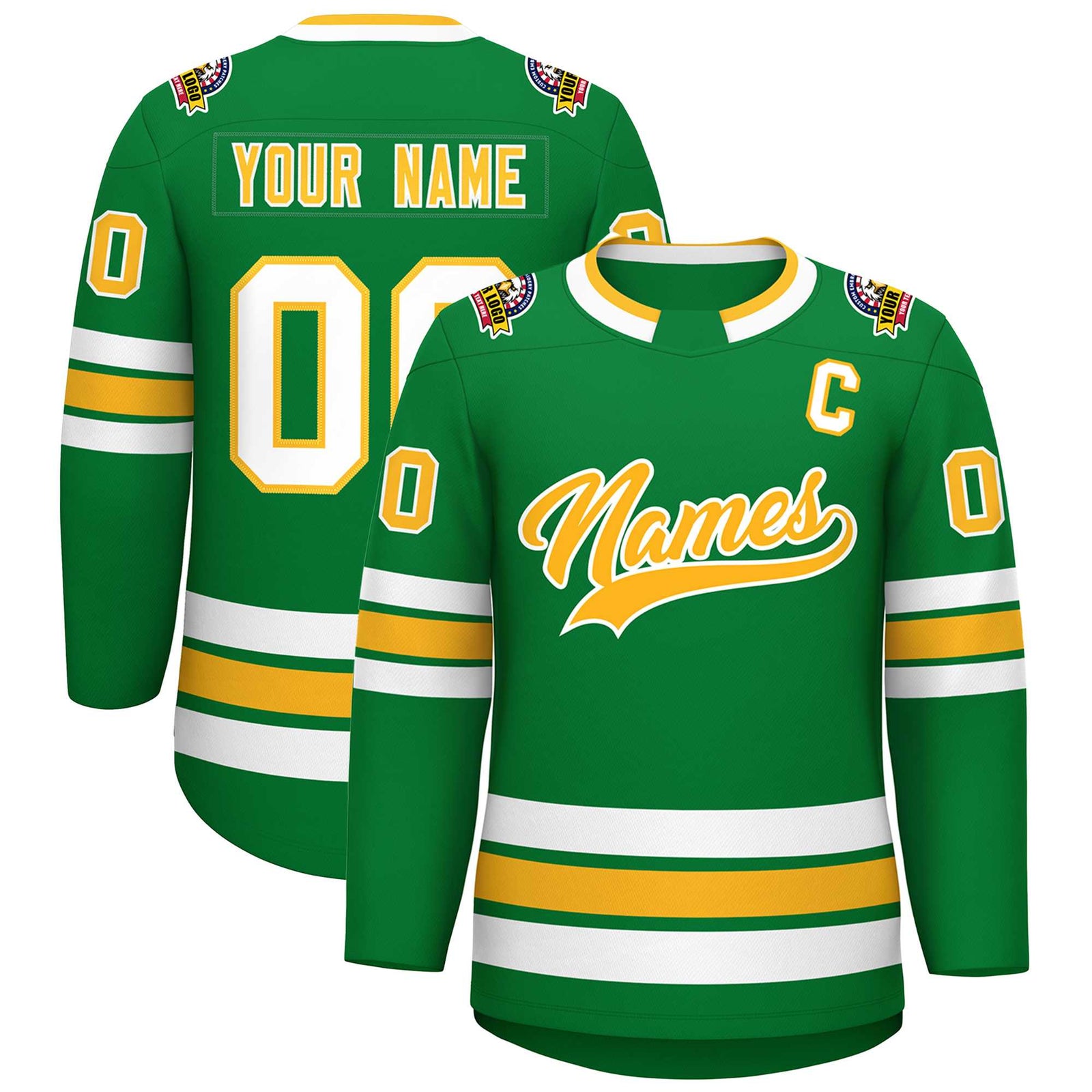 Custom Kelly Green Gold-White Classic Style Hockey Jersey