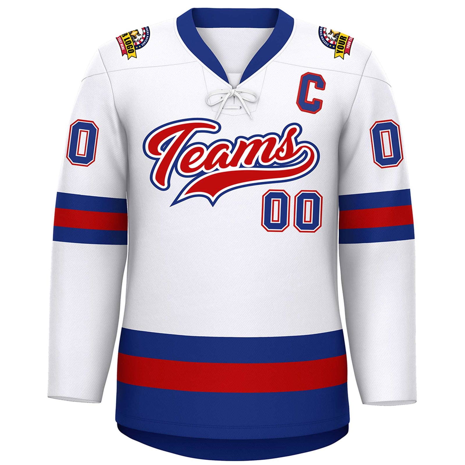 Custom White Red-Royal Lace-Up Neck Hockey Jersey