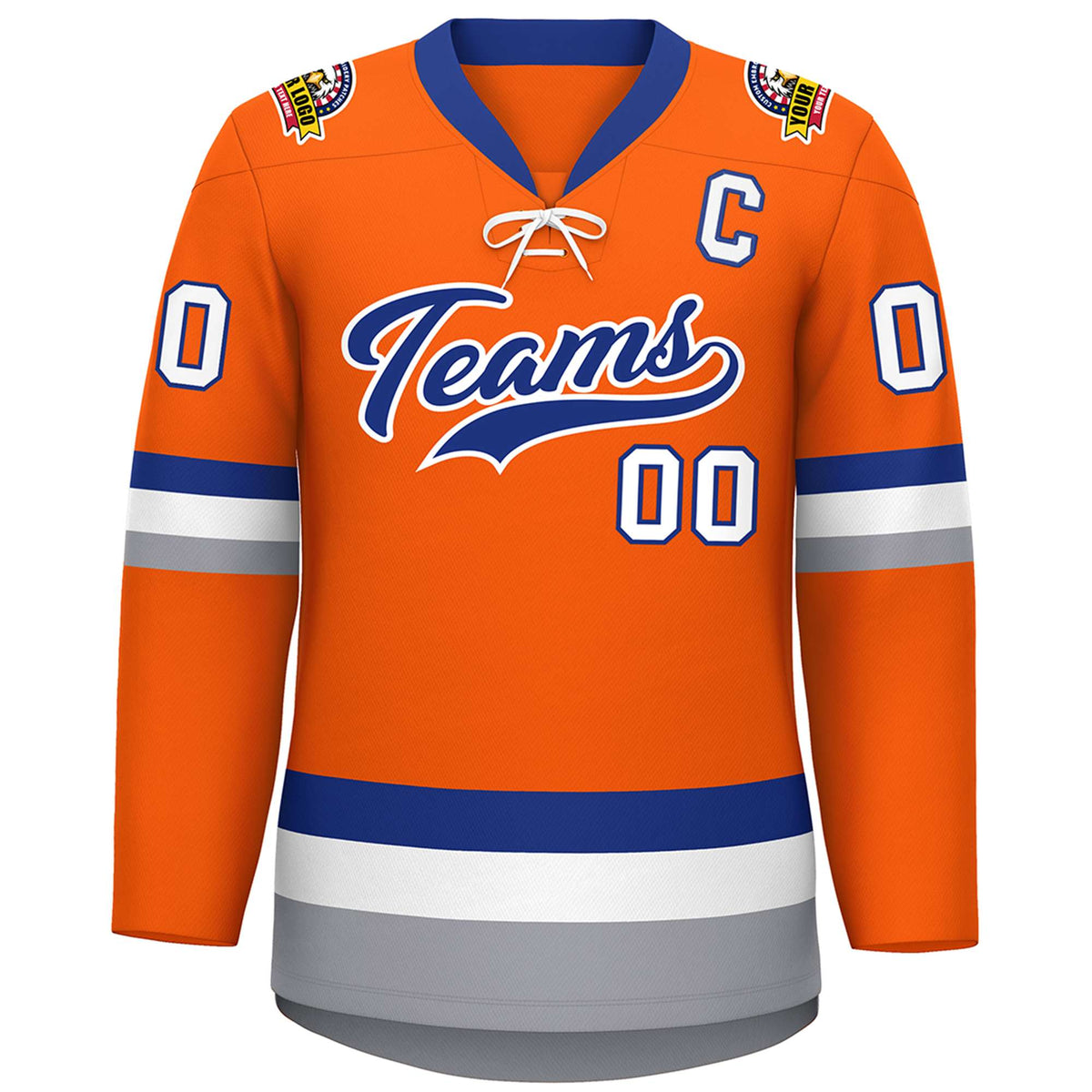 Custom Orange Royal-White Lace-Up Neck Hockey Jersey