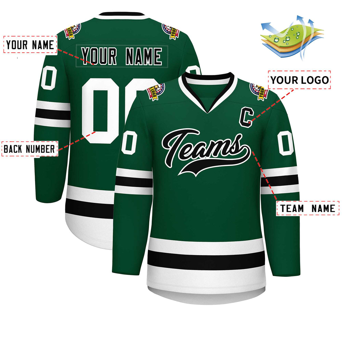 Custom Green Black-White Classic Style Hockey Jersey