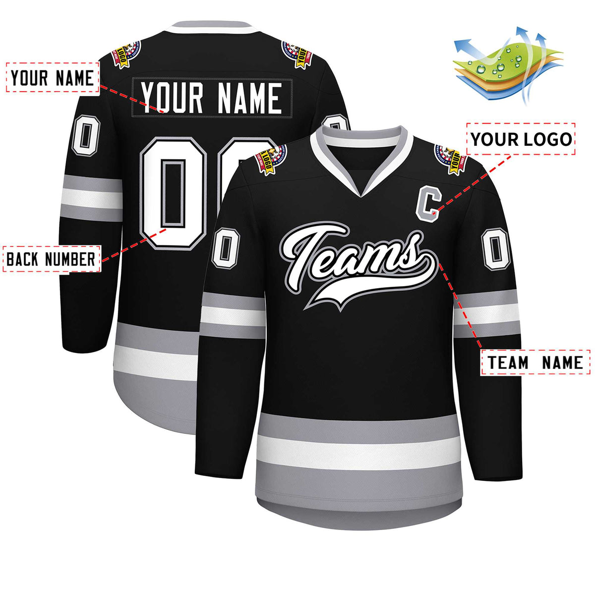 Custom Black White Black-Gray Classic Style Hockey Jersey