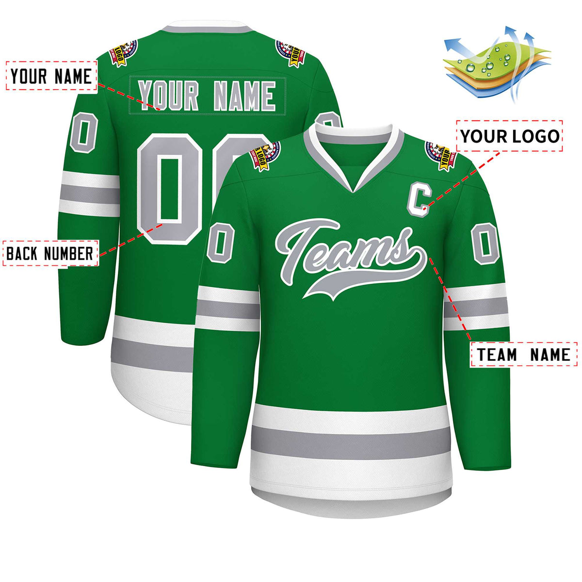 Custom Kelly Green Gray-White Classic Style Hockey Jersey