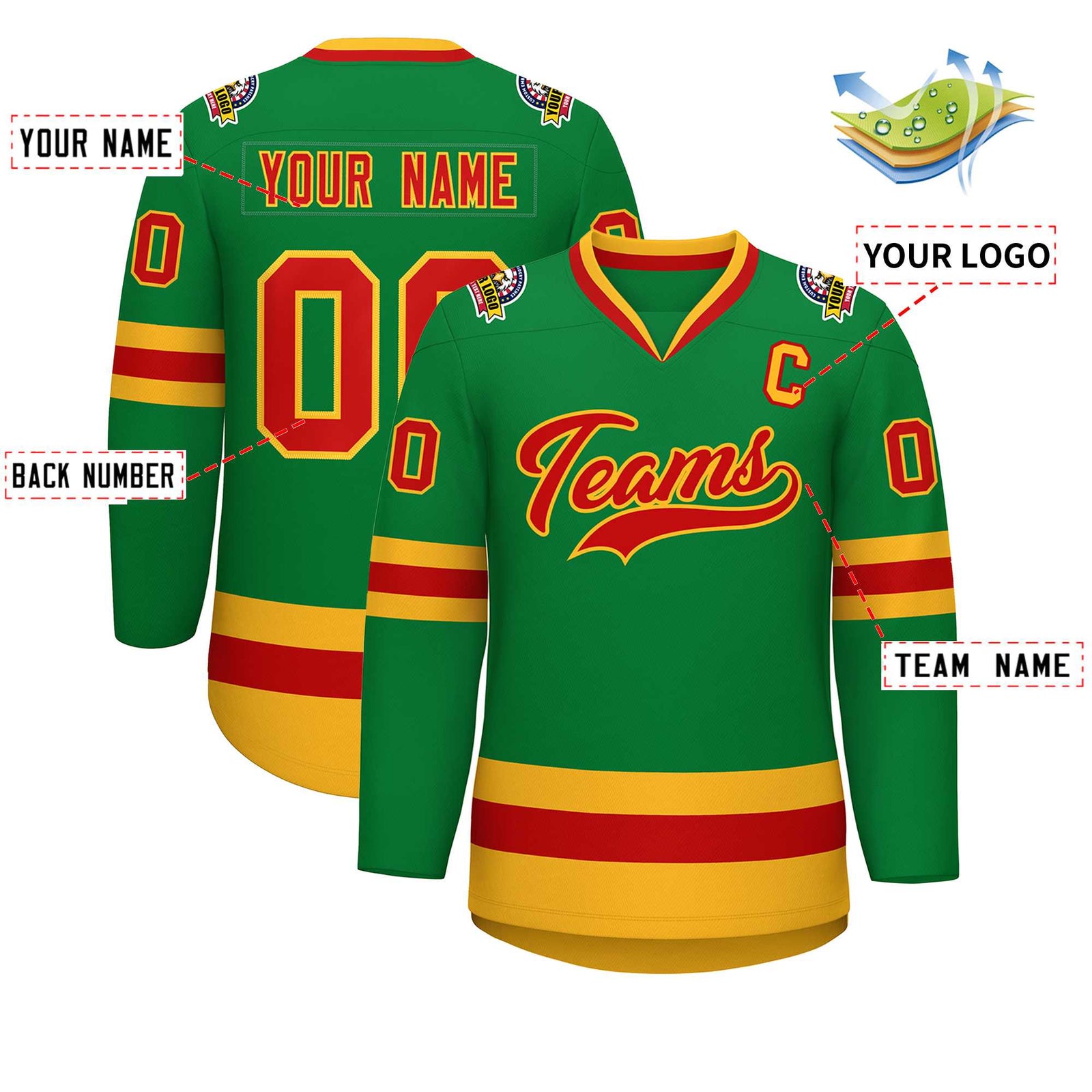 Custom Kelly Green Red-Gold Classic Style Hockey Jersey