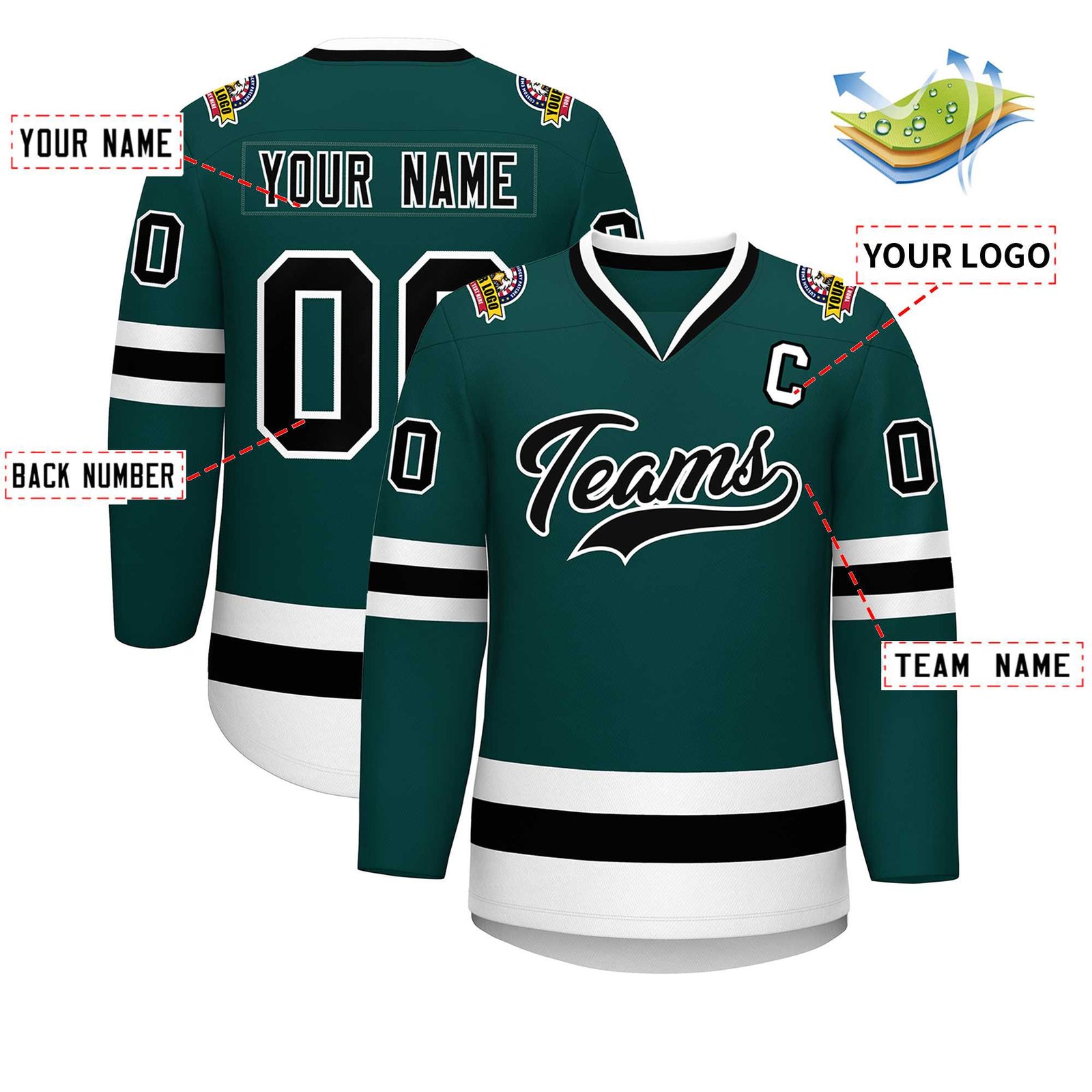 Custom Midnight Green Black-White Classic Style Hockey Jersey