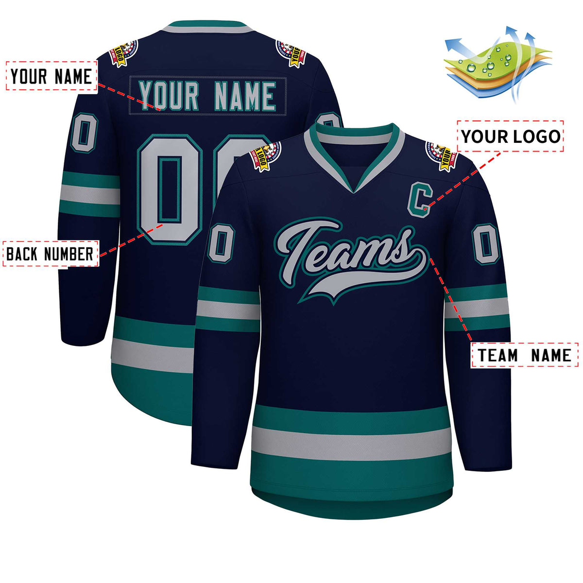 Custom Navy Gray Navy-Aqua Classic Style Hockey Jersey