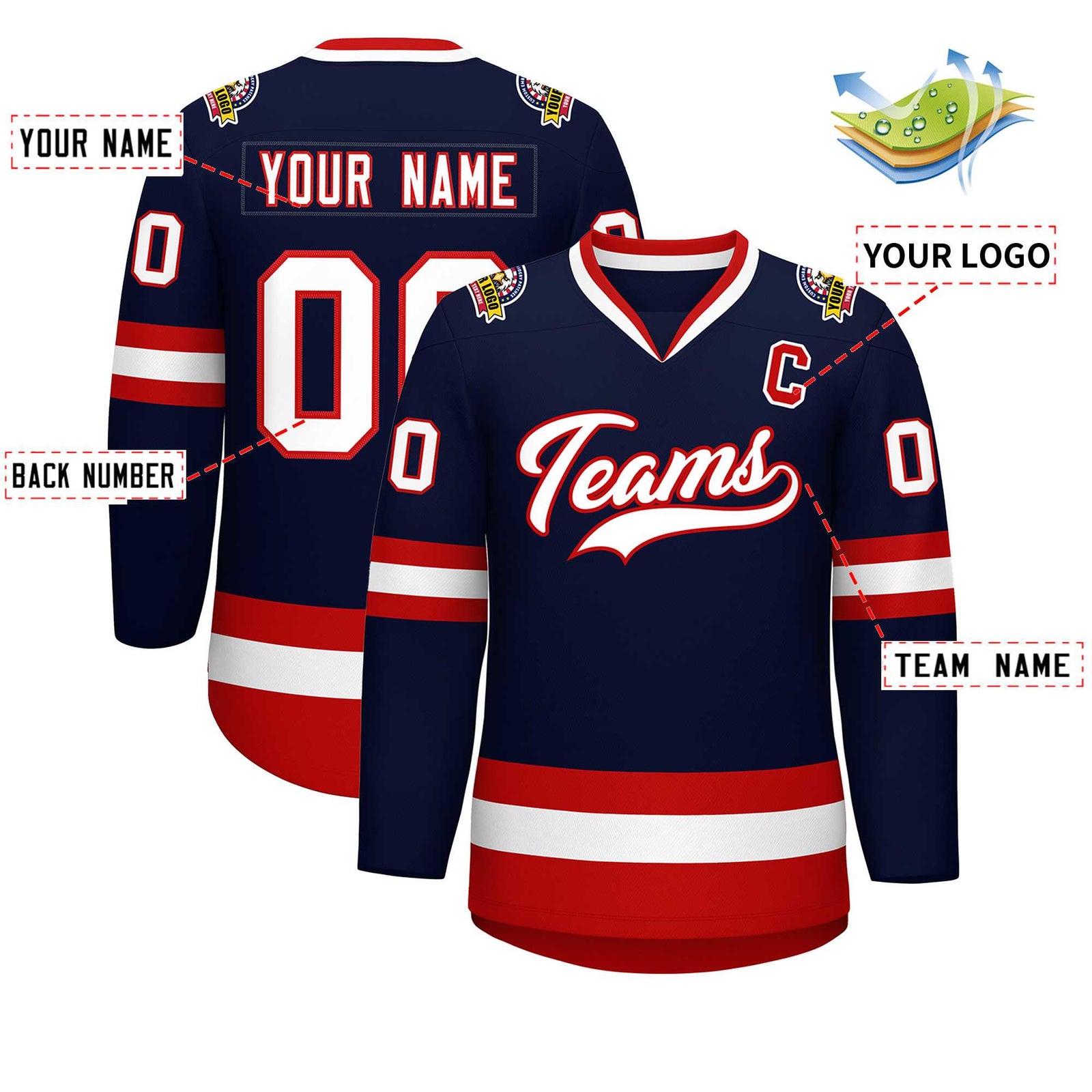 Custom Navy White-Red Classic Style Hockey Jersey