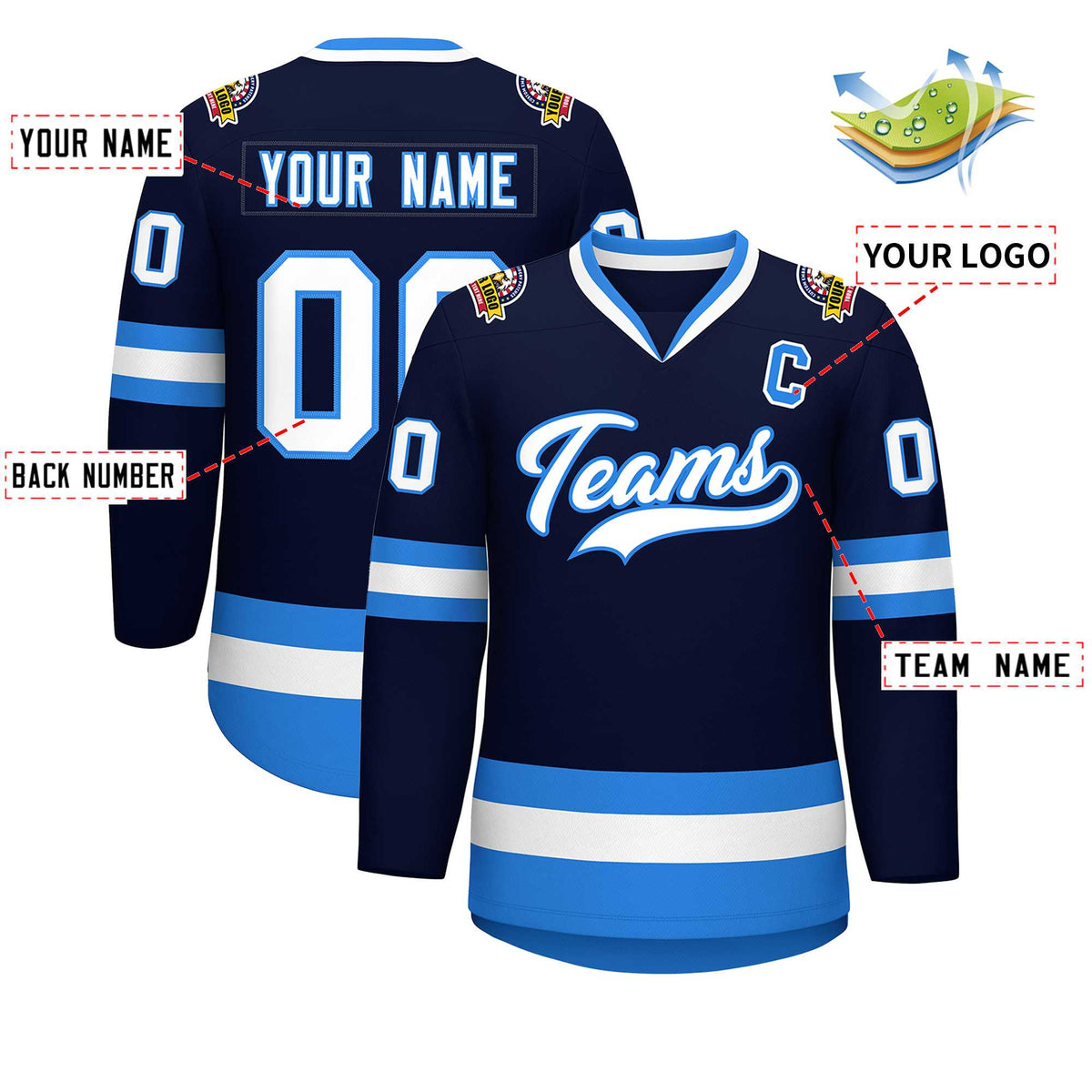 Custom Navy White-Powder Blue Classic Style Hockey Jersey