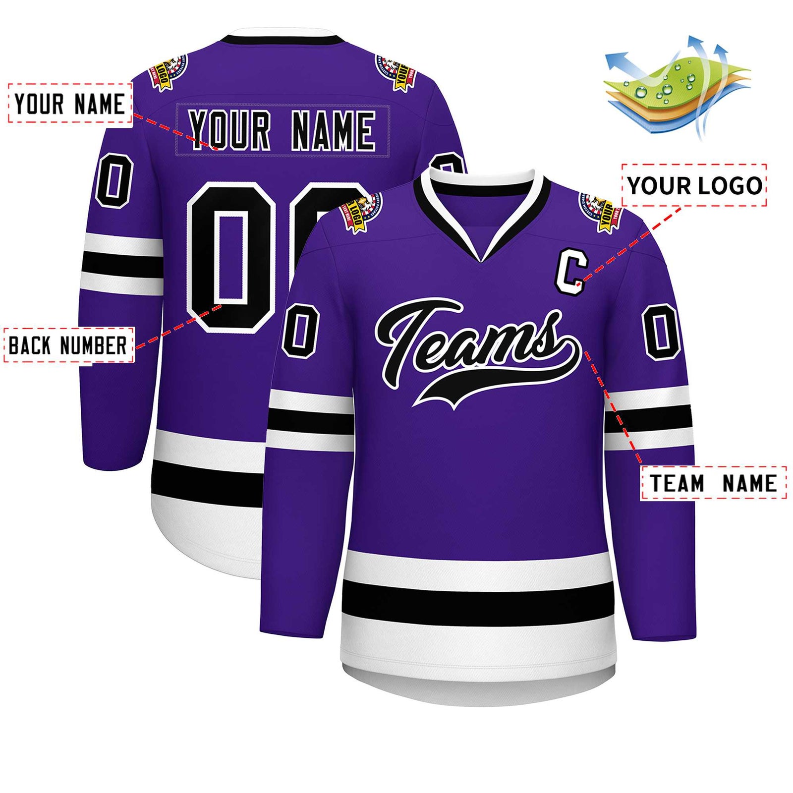 Custom Purple Black-White Classic Style Hockey Jersey