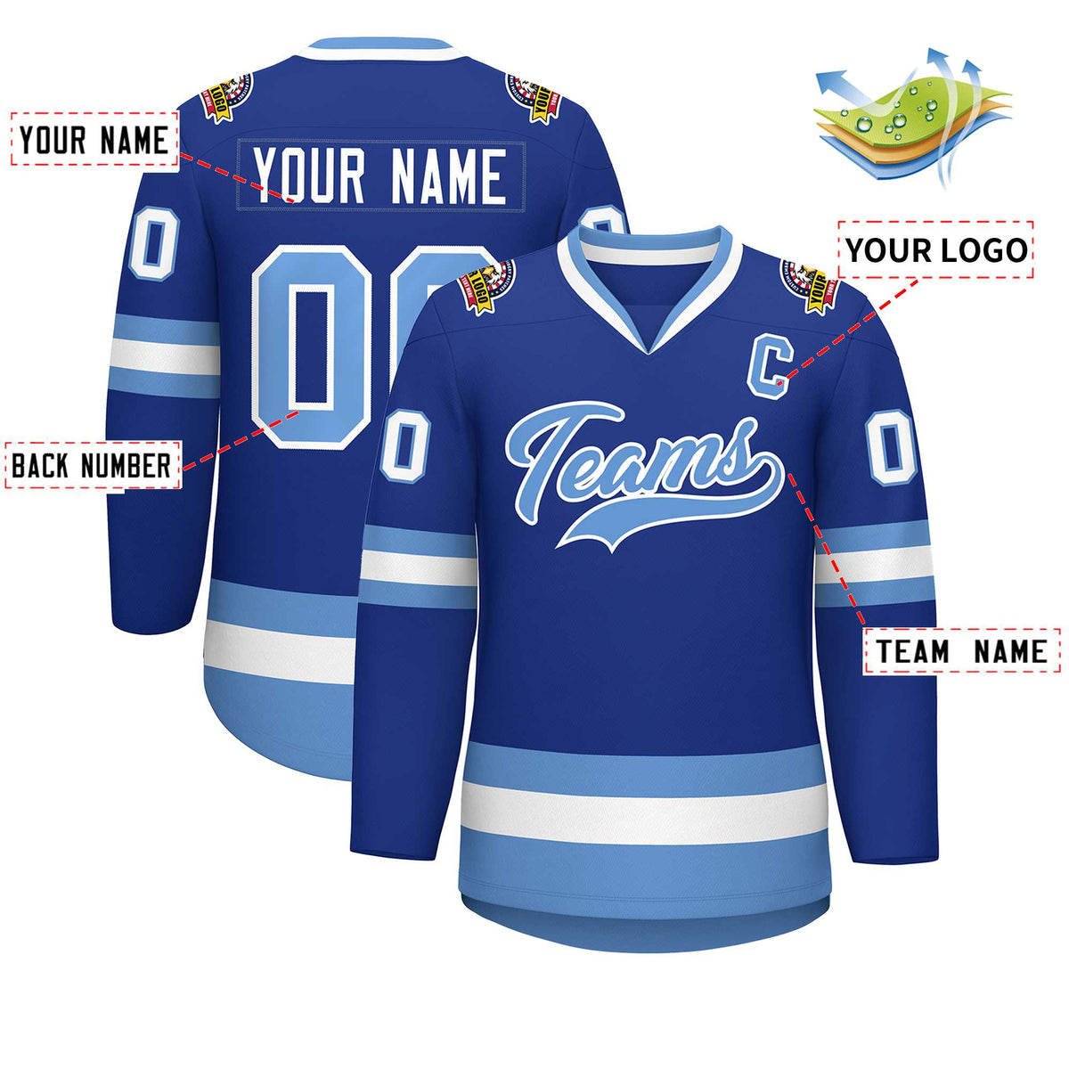 Custom Royal Light Blue-White Classic Style Hockey Jersey