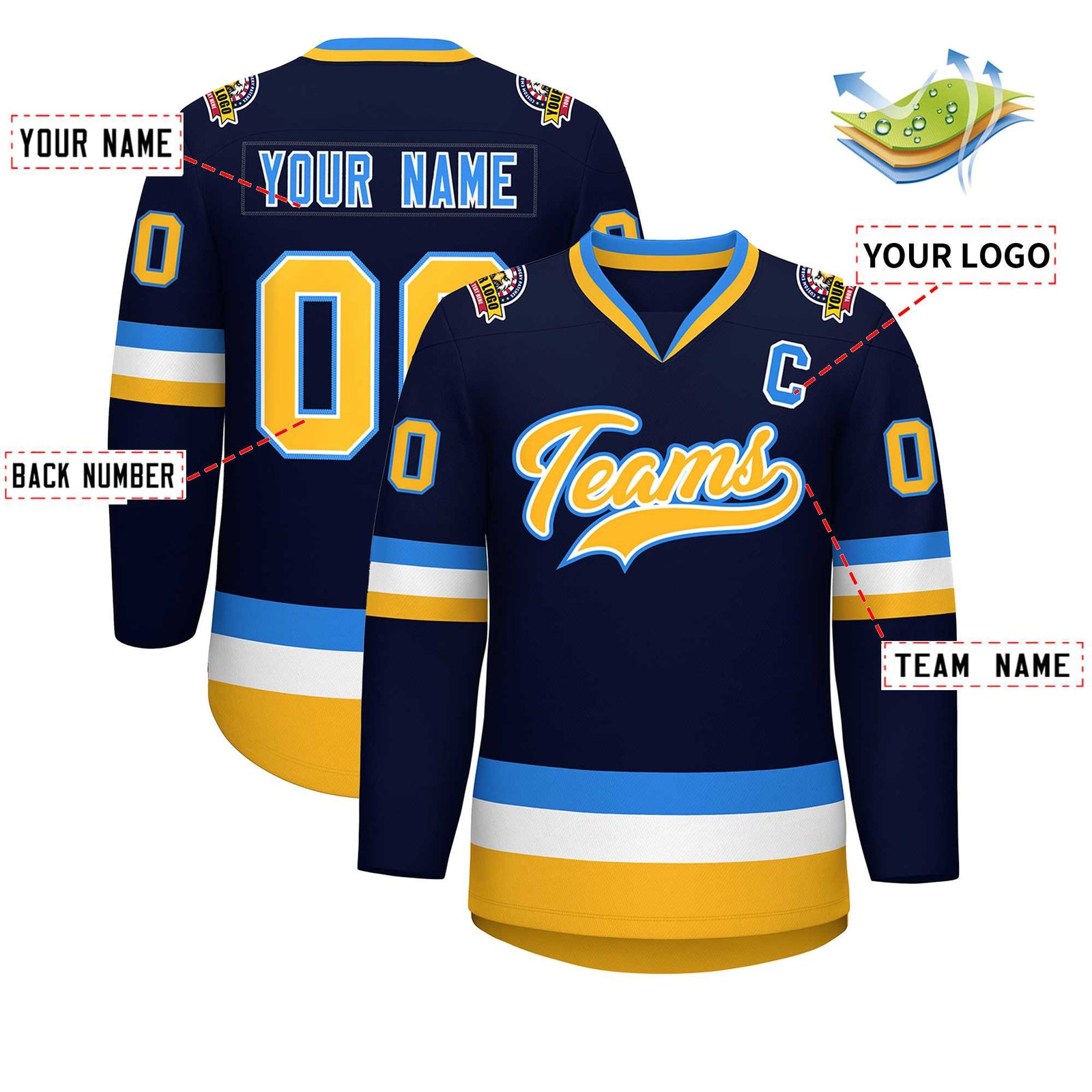 Custom Navy Gold White-Powder Blue Classic Style Hockey Jersey