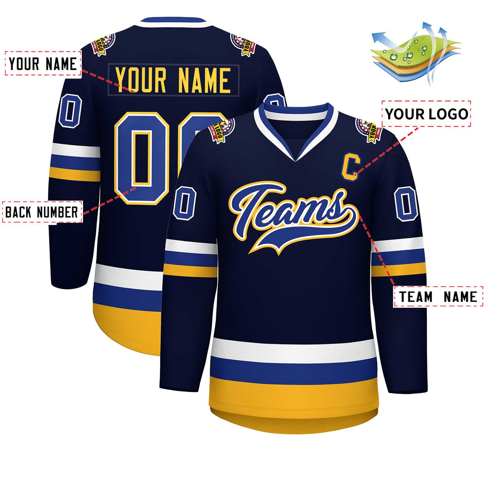 Custom Navy Royal White-Gold Classic Style Hockey Jersey