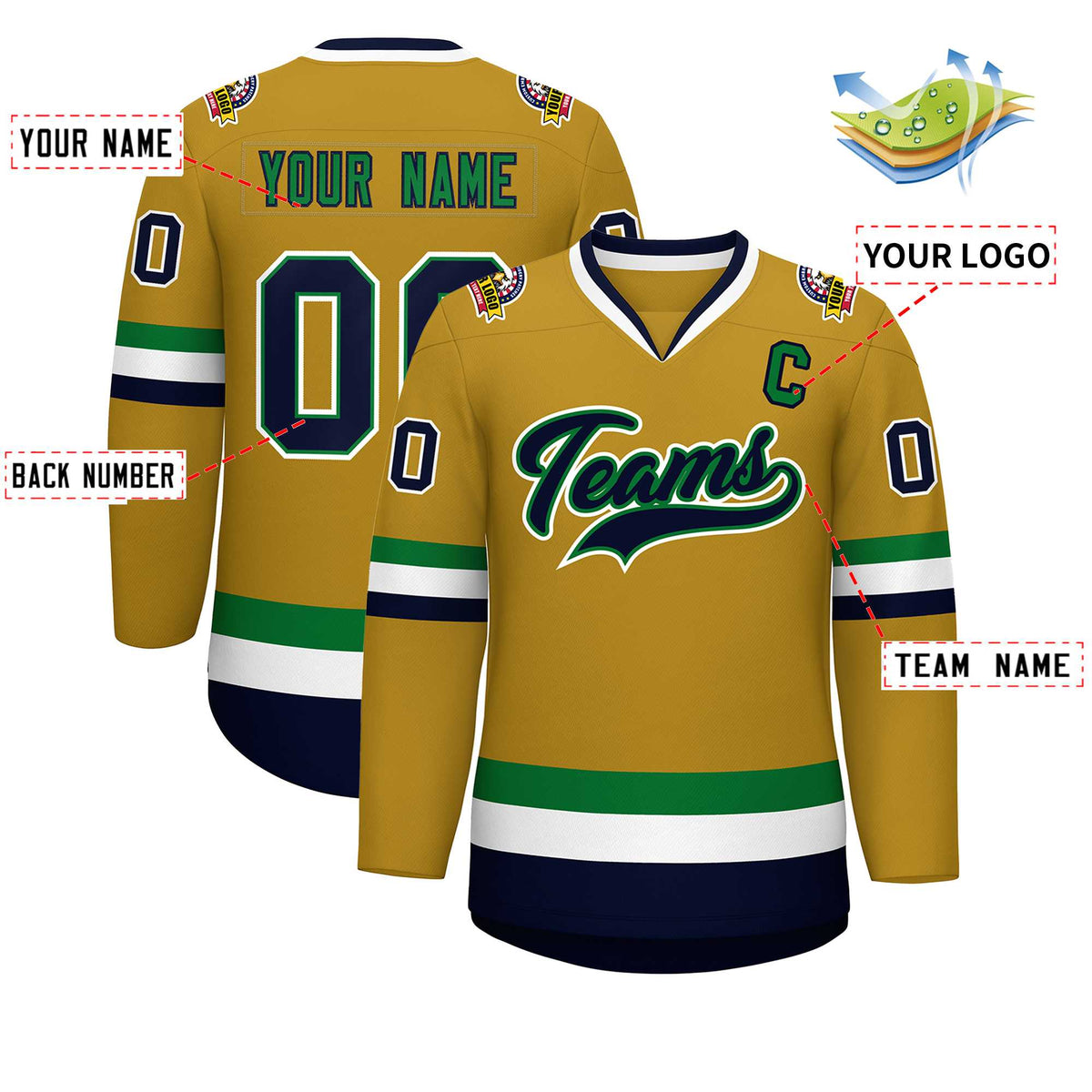 Custom Old Gold Navy Kelly Green-White Classic Style Hockey Jersey