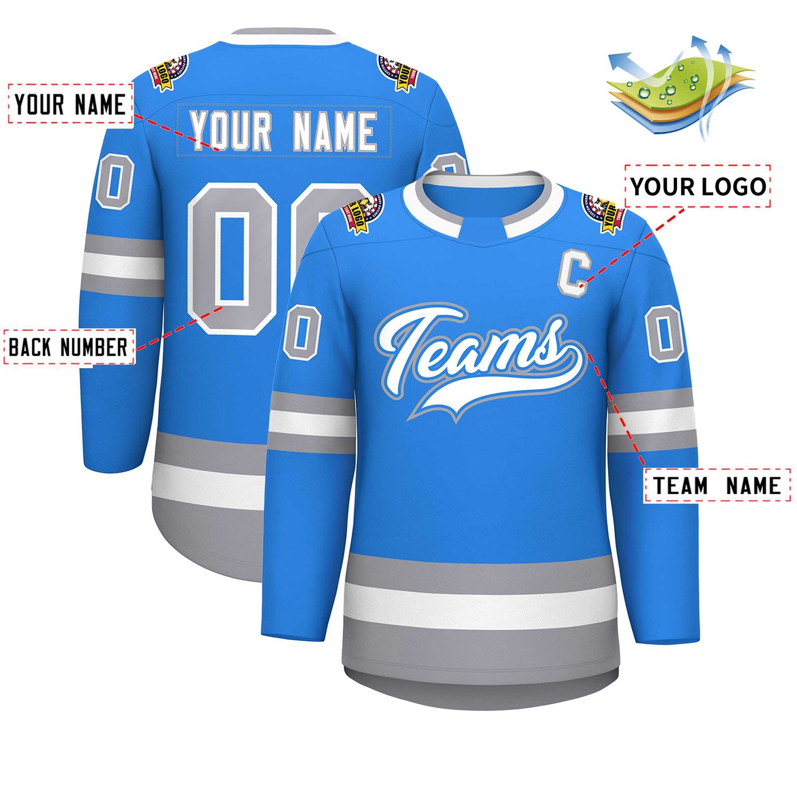 Custom Powder Blue White Powder Blue-Gray Classic Style Hockey Jersey