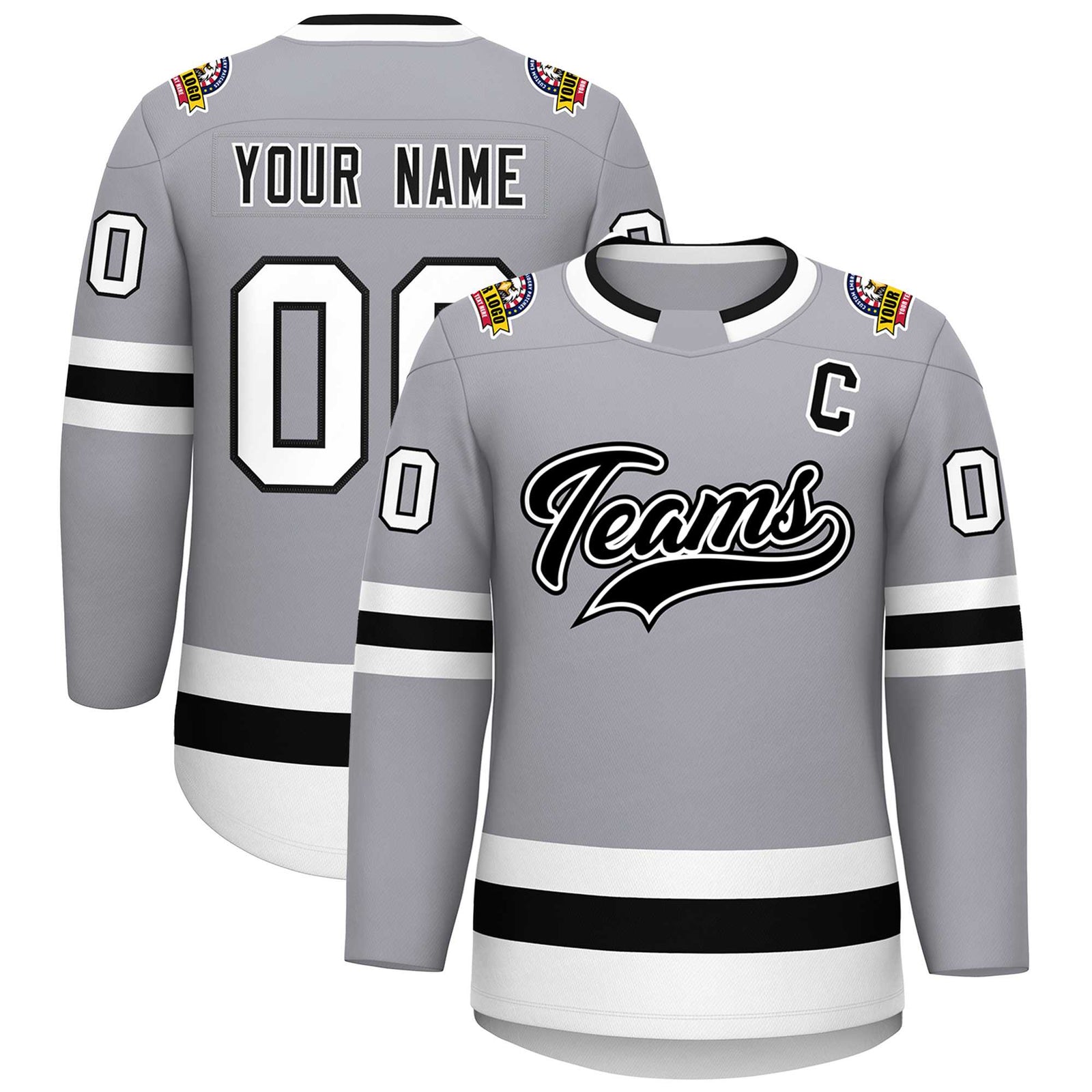 Custom Gray Black White-Black Classic Style Hockey Jersey