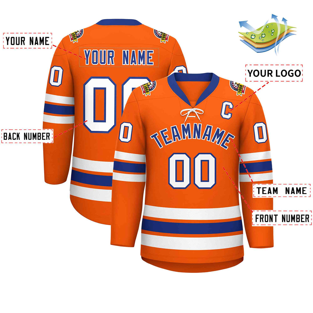 Custom Orange Royal-White Lace-Up Neck Hockey Jersey