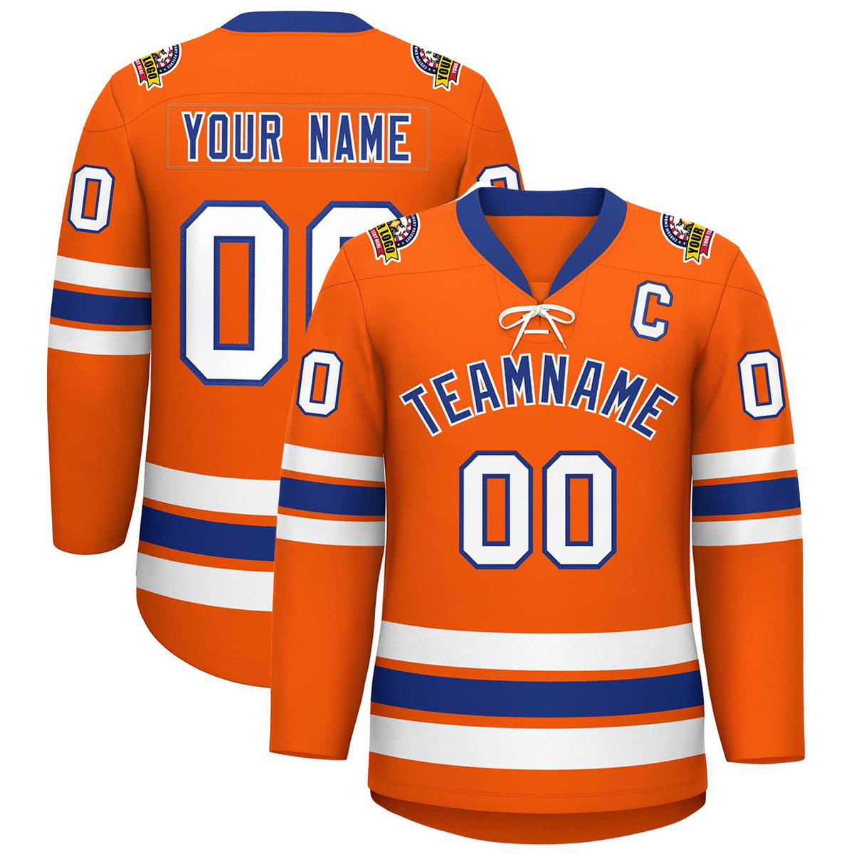 Custom Orange Royal-White Lace-Up Neck Hockey Jersey