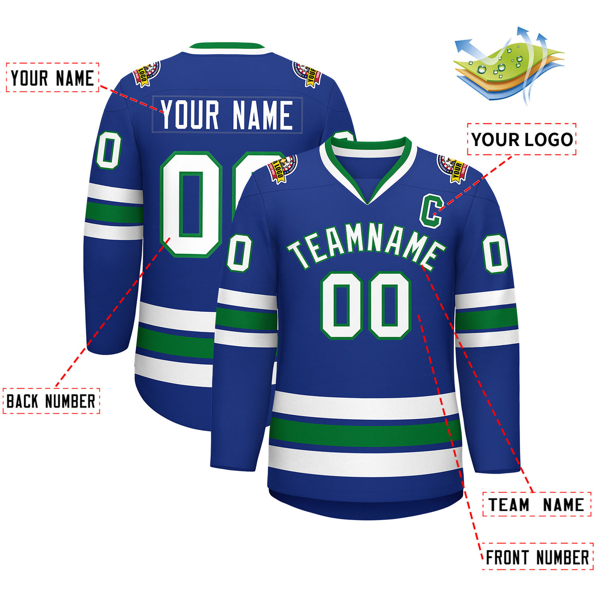 Custom Royal White-Kelly Green Classic Style Hockey Jersey