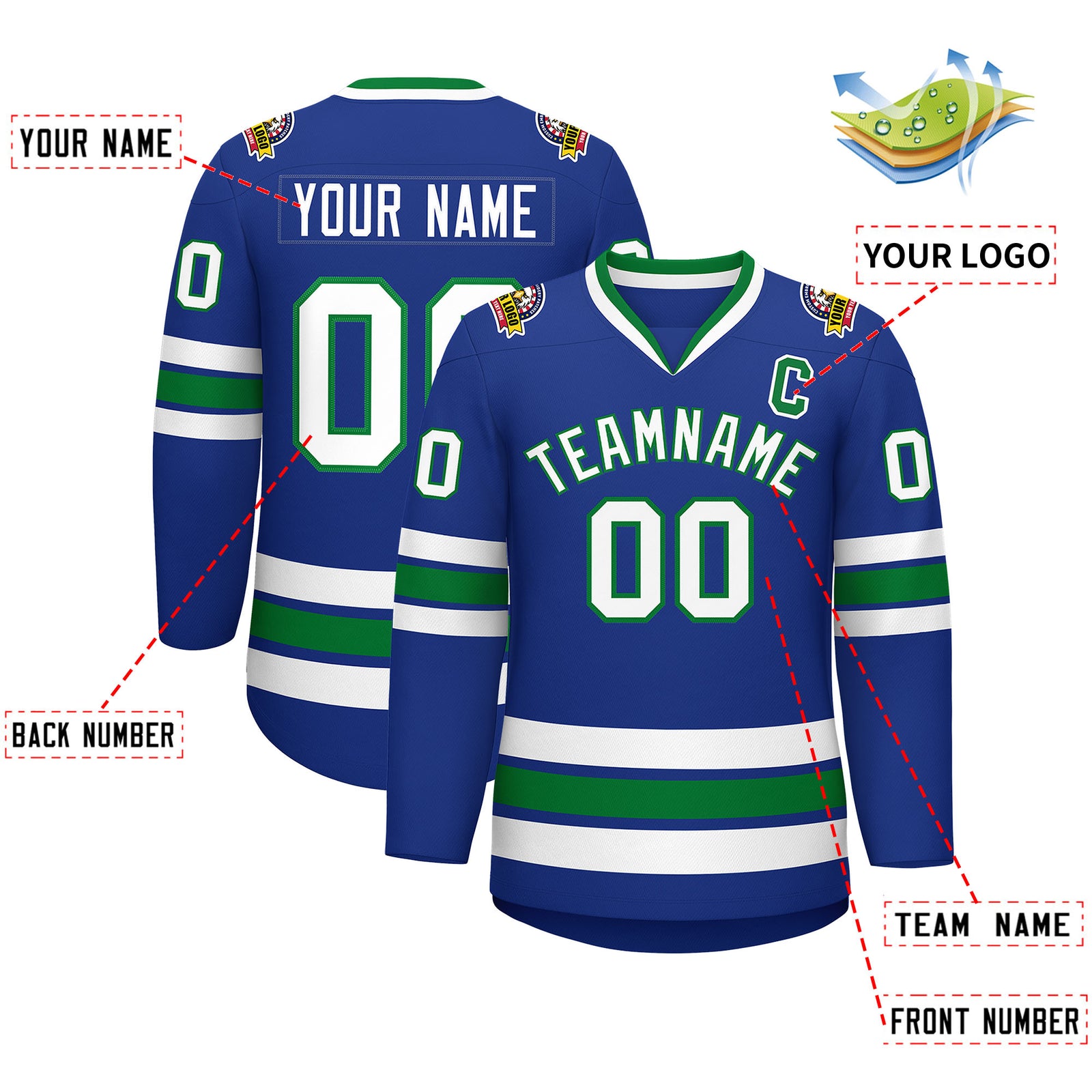 Custom Royal White-Kelly Green Classic Style Hockey Jersey