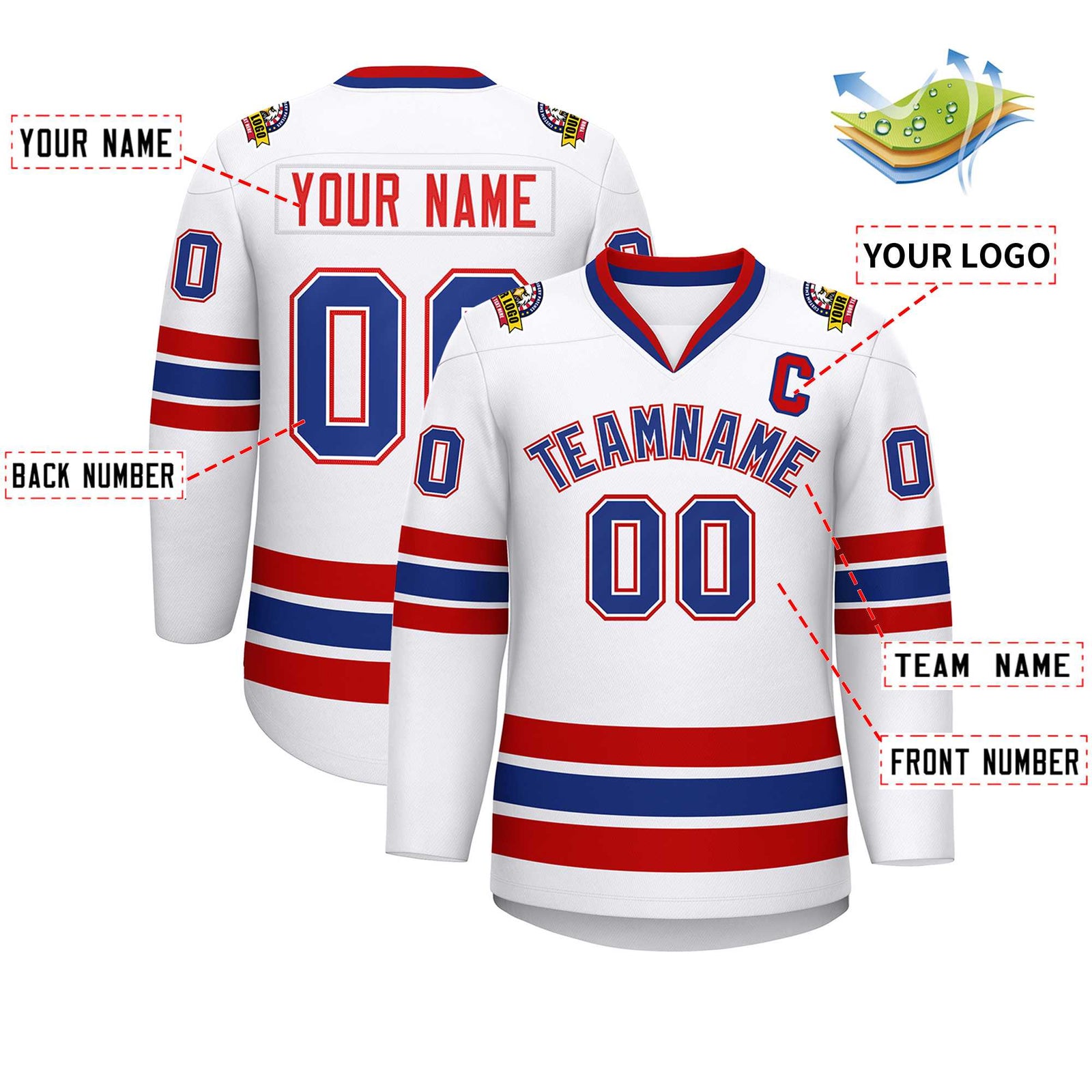 Custom White Royal White-Red Classic Style Hockey Jersey
