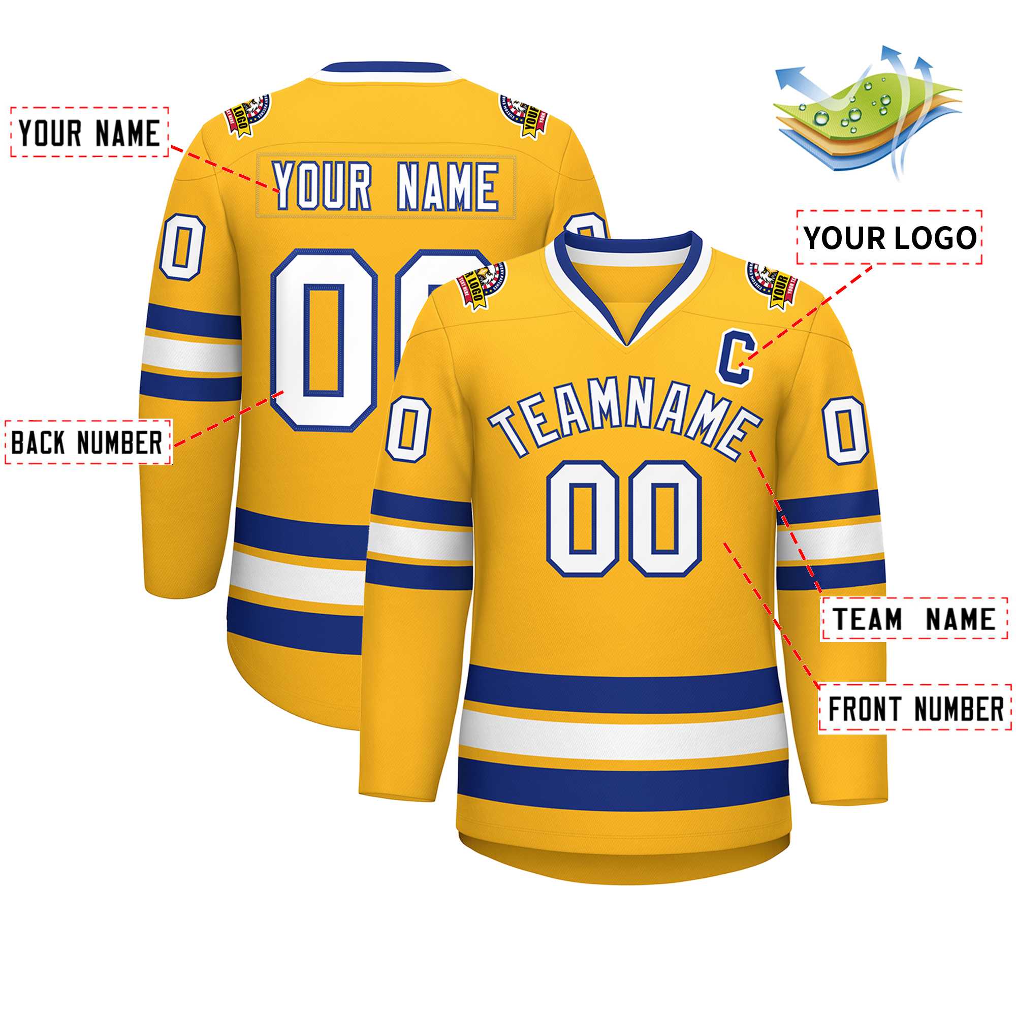 Custom Gold White-Royal Classic Style Hockey Jersey