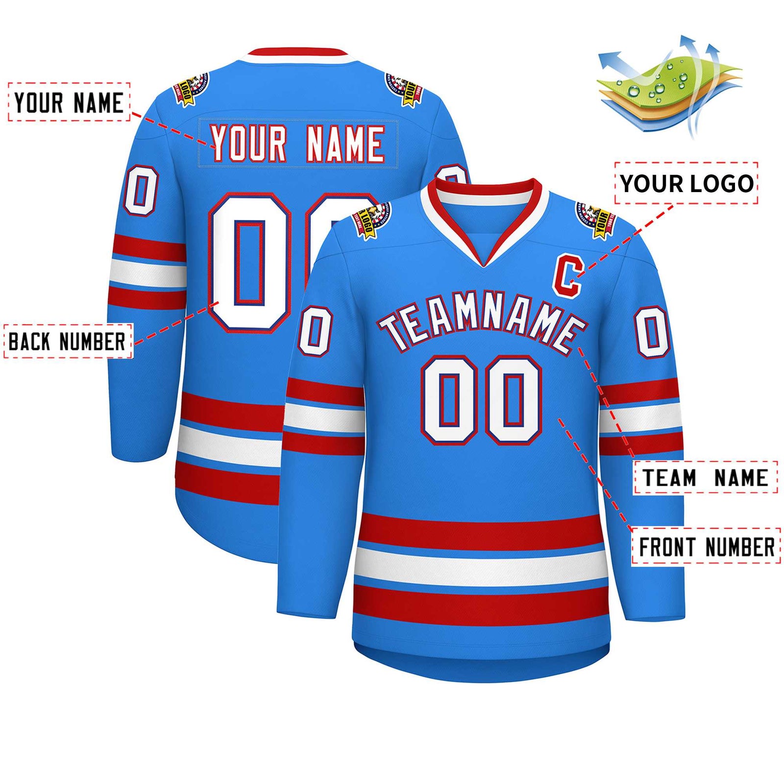 Custom Powder Blue White Royal-Red Classic Style Hockey Jersey