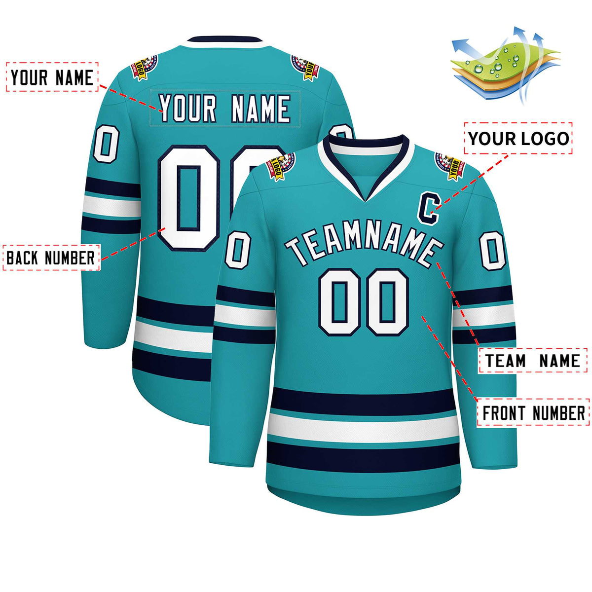 Custom Aqua White-Navy Classic Style Hockey Jersey